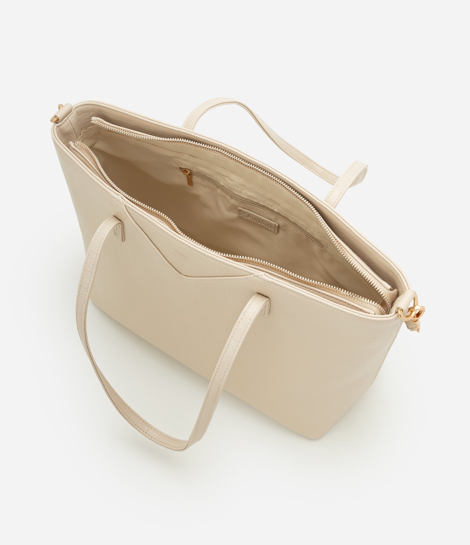 Bolsa Shopper Grande com Alça Longa e Textura Croco Off White 6