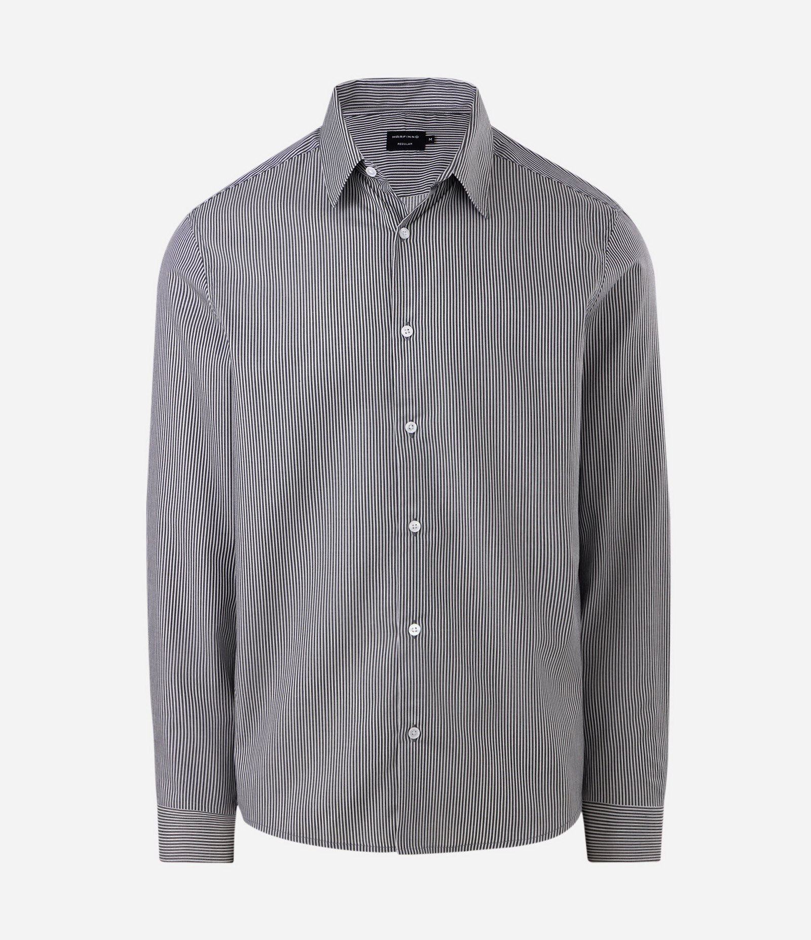 Camisa Regular Listrada em Fibra de Seda Preto 1
