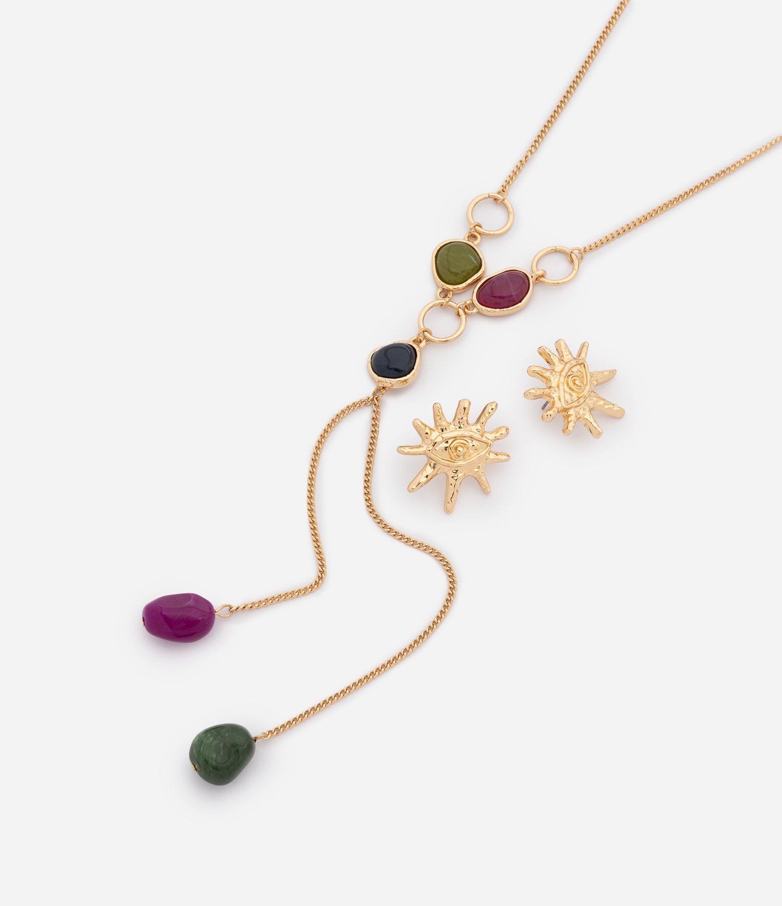 Conjunto Colar Gravata e Brincos com Formato de Sol Dourado 1