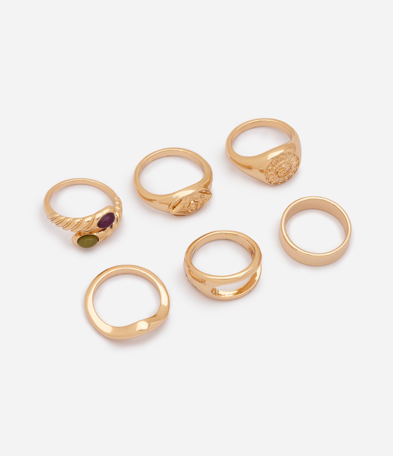 Kit 06 Anéis em Metal com Design e Elementos Variados Dourado 1