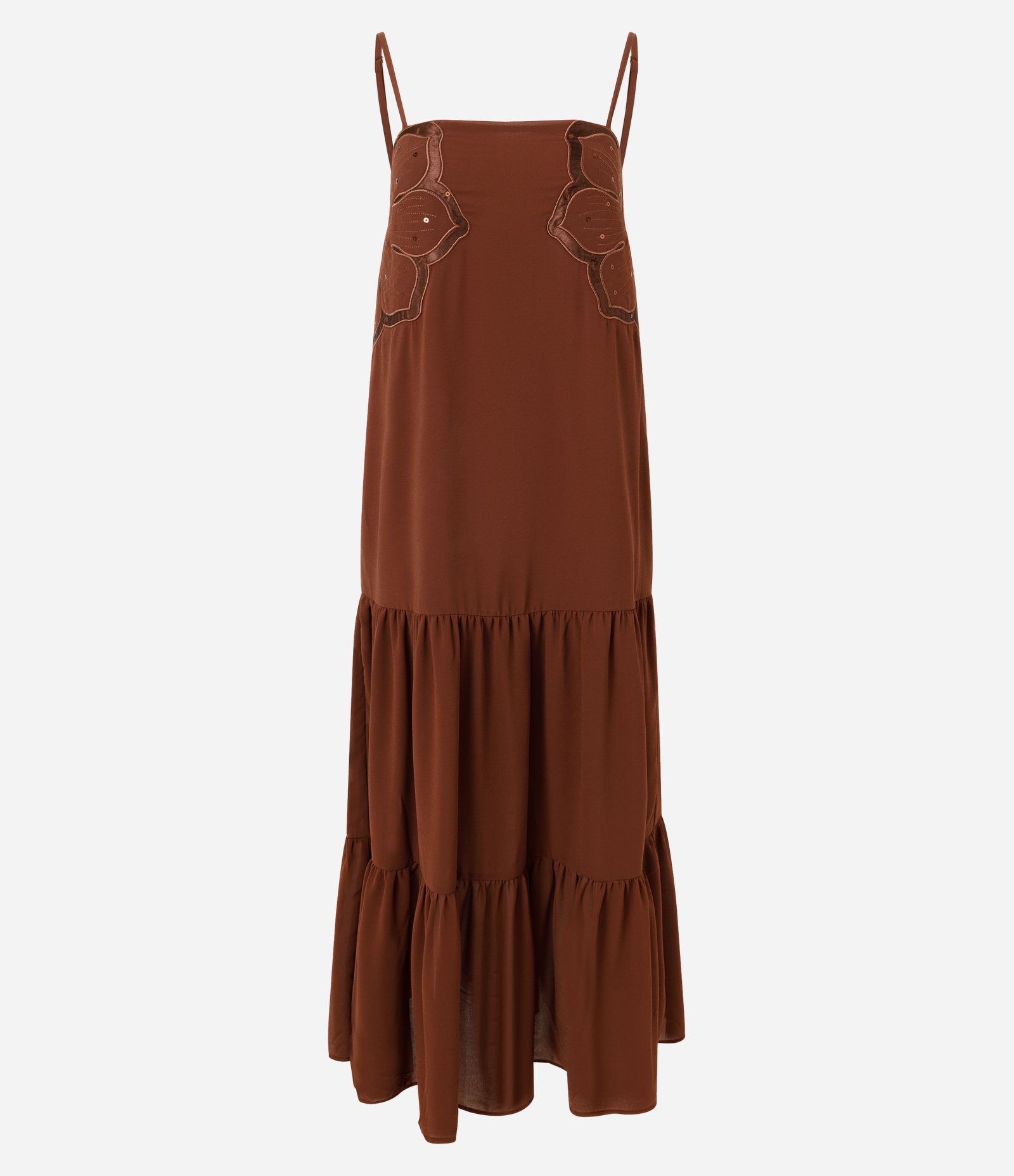 Vestido em Chiffon com Aplicações Florais Marrom 5