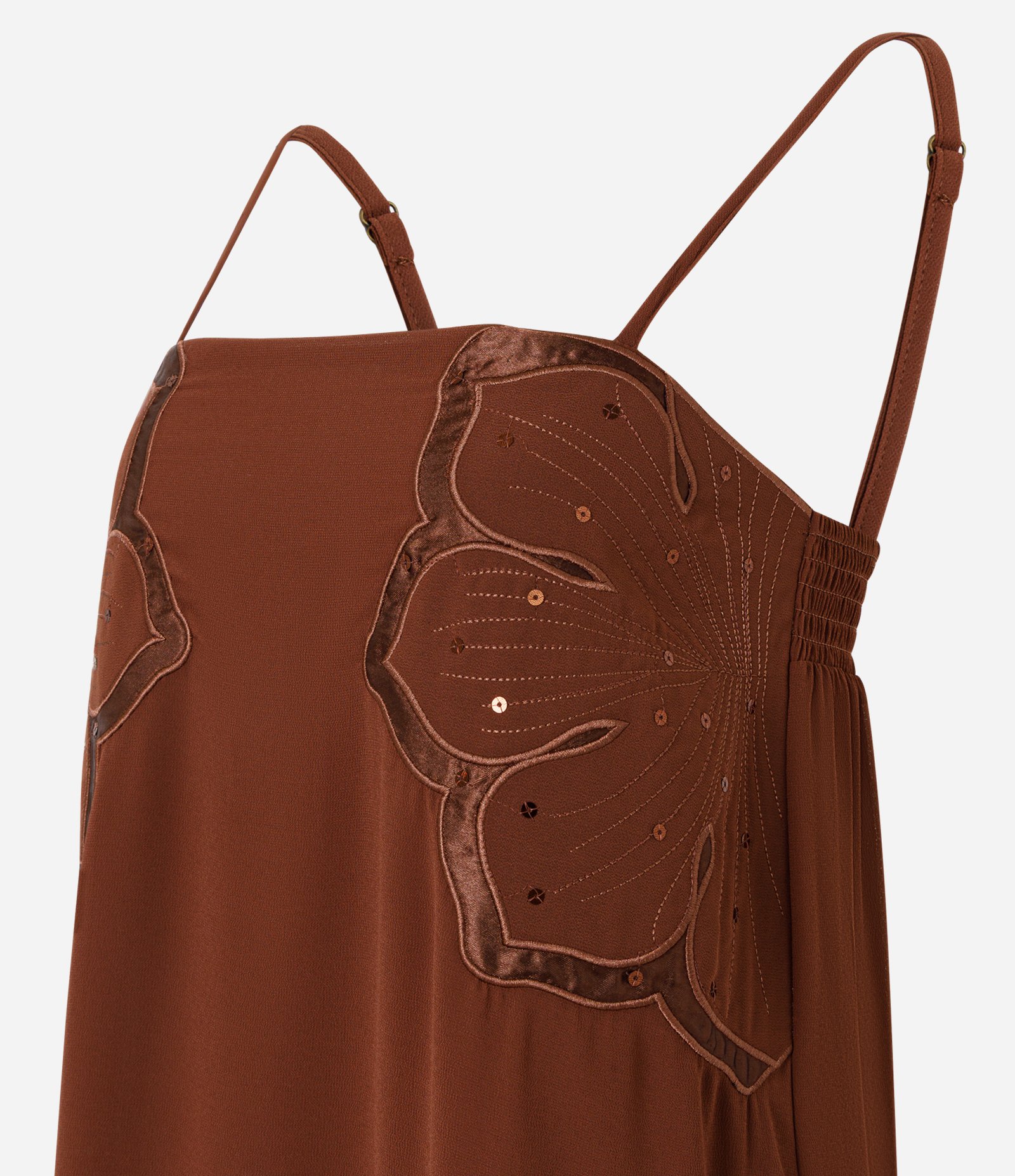 Vestido em Chiffon com Aplicações Florais Marrom 6