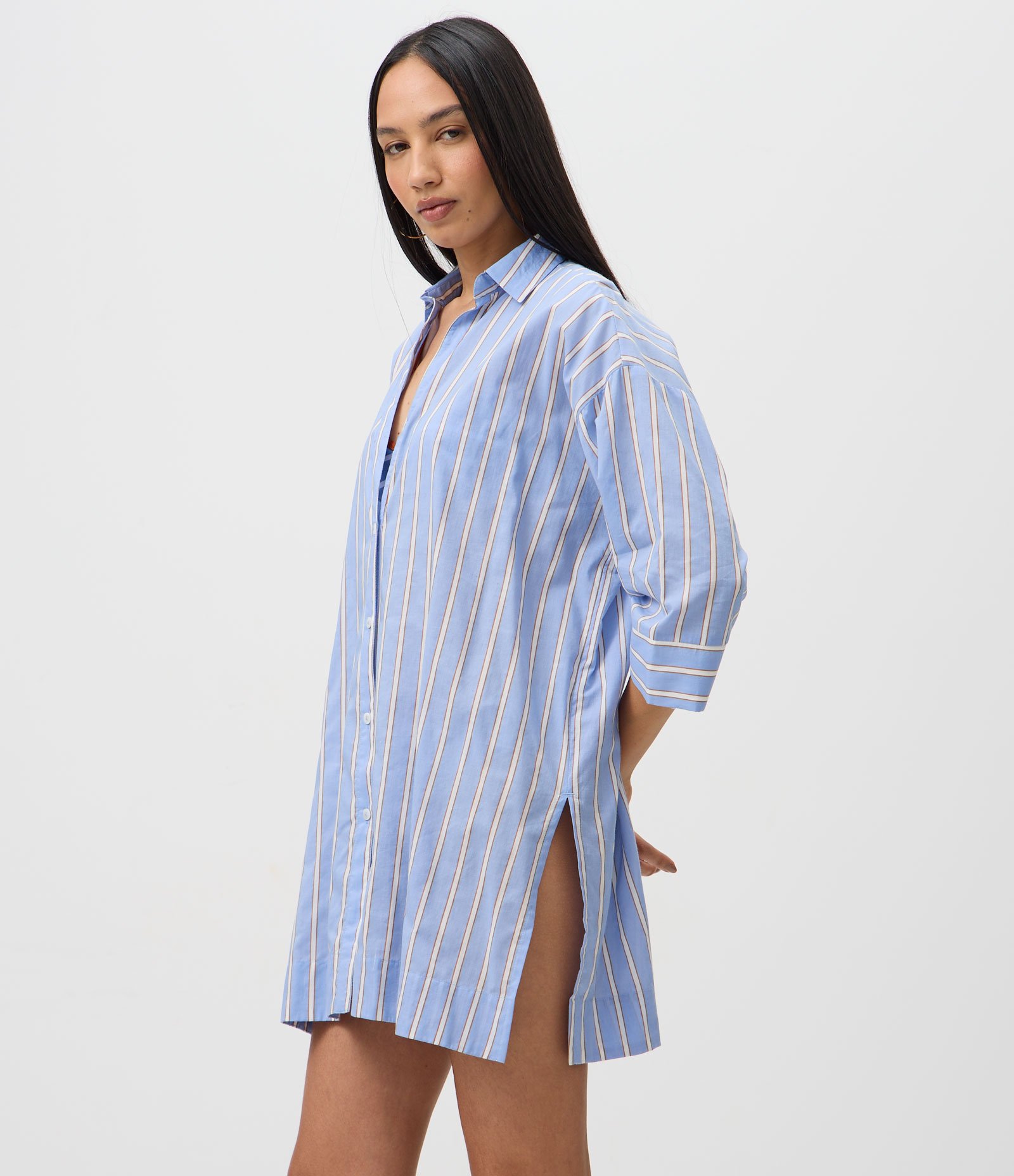 Saída de Praia Camisa em Cotton com Estampa de Listras Fio Tinto Azul 1