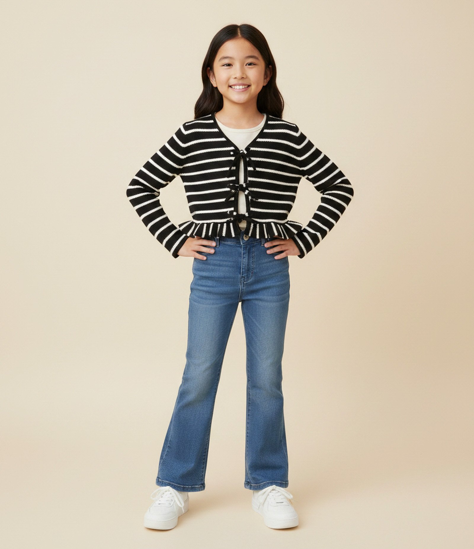 Blusa Infantil Manga Longa Listrada com Laços - Tam 7 a 16 Anos Preto 2