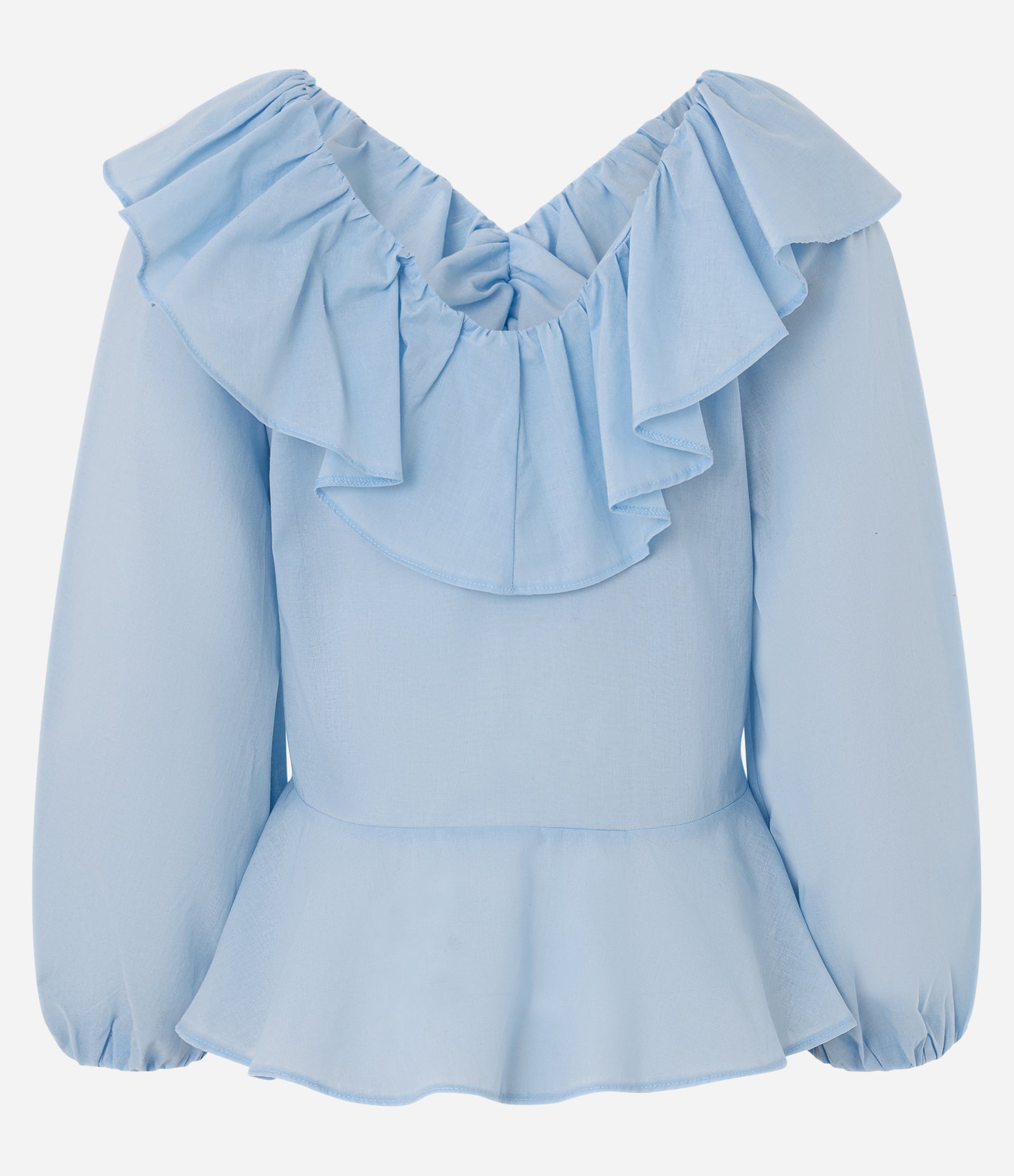 Bata Peplum com Manga Bufante e Babados Azul 6