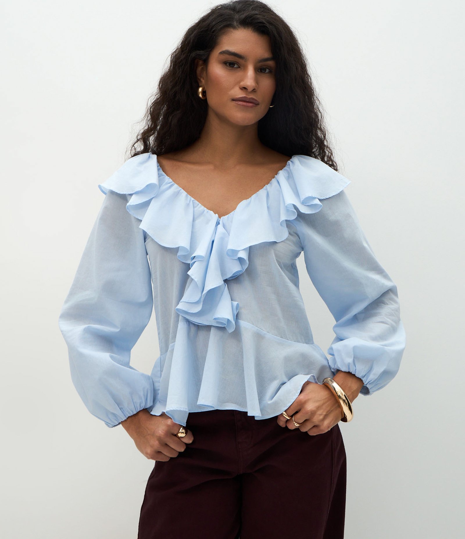 Bata Peplum com Manga Bufante e Babados Azul 2