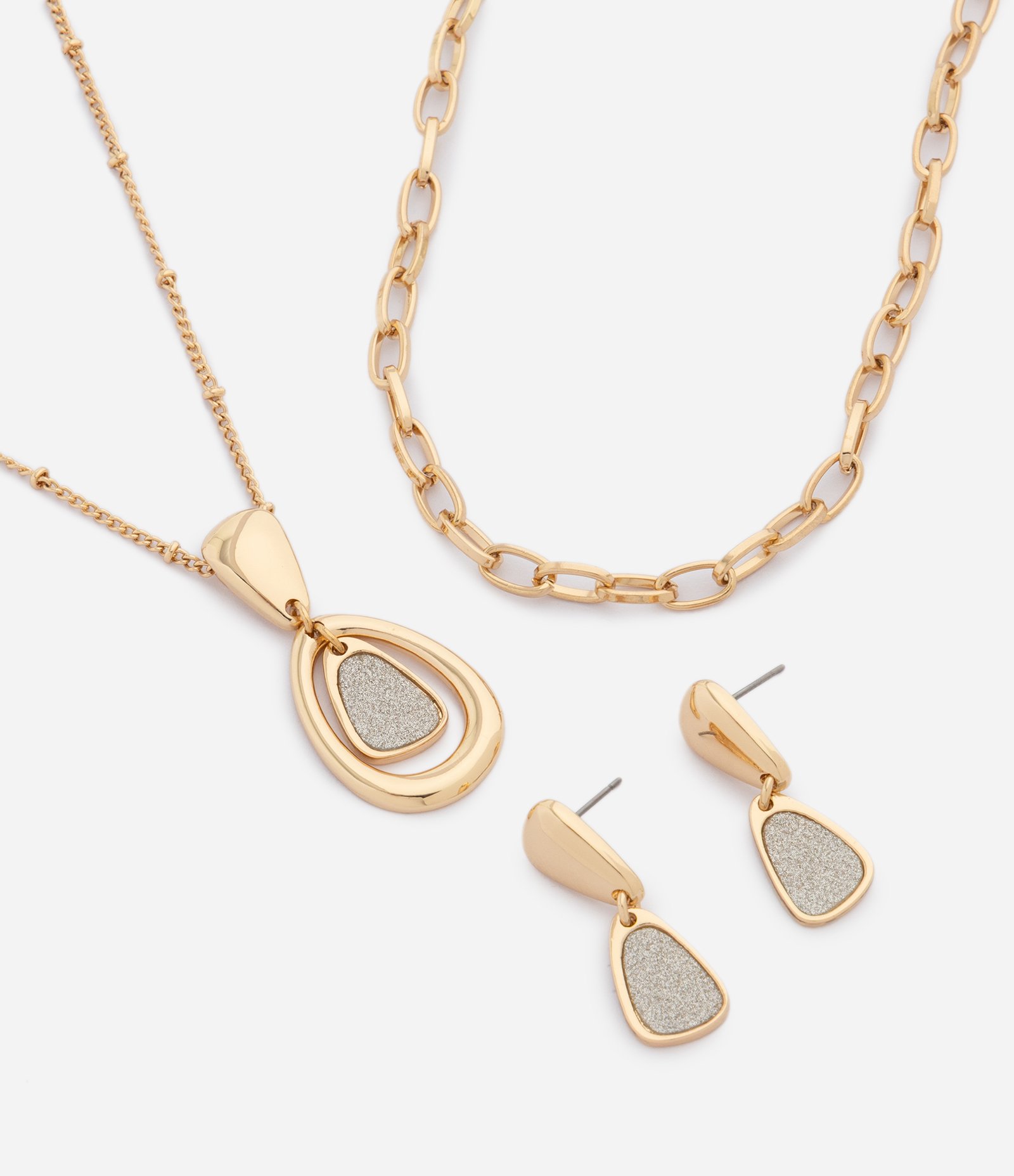 Conjunto de Colar em Camadas e Brincos com Pingente Orgânico Dourado 1
