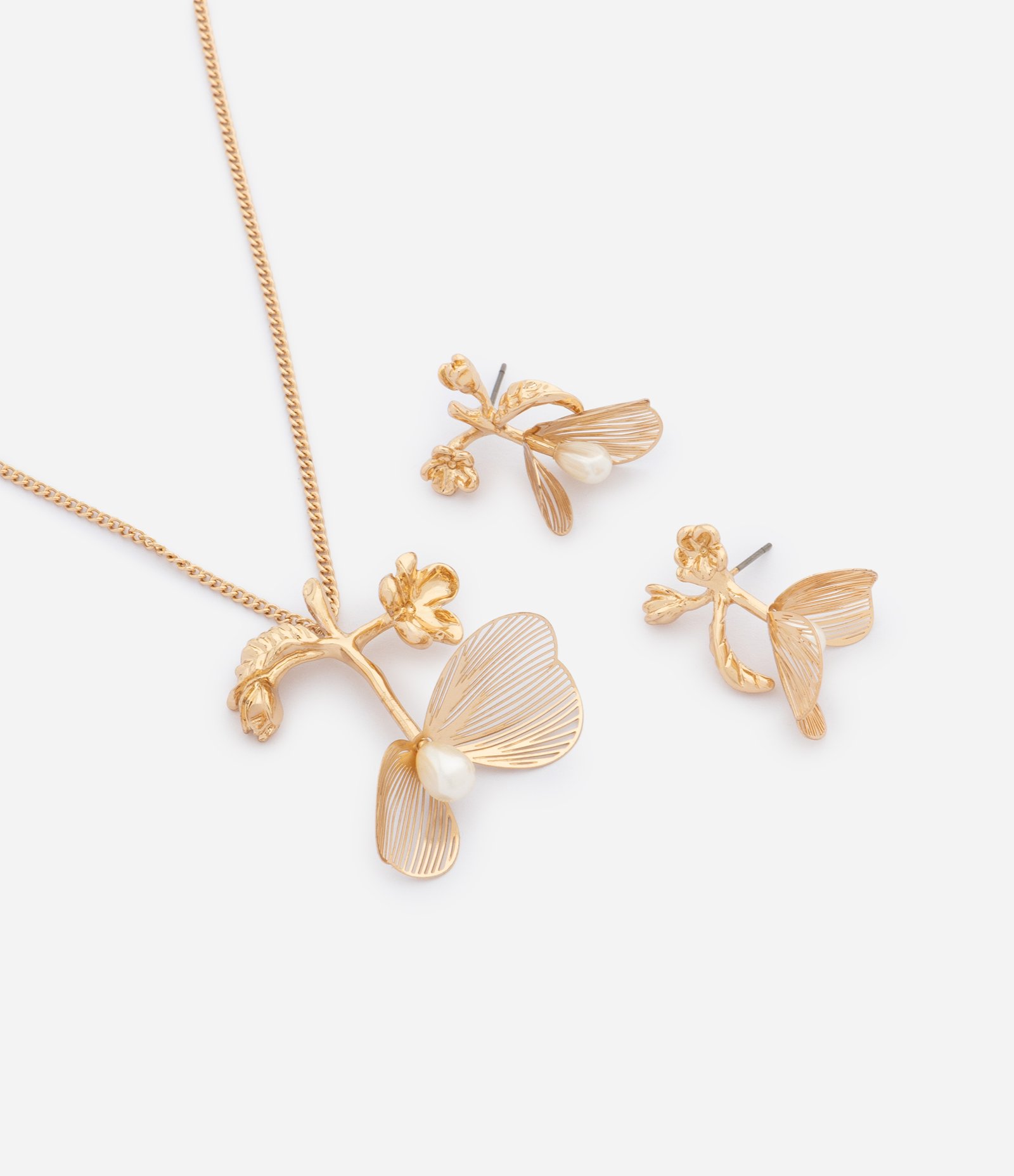 Conjunto de Colar e Brincos com Pingente de Flor e Pérola Dourado 1