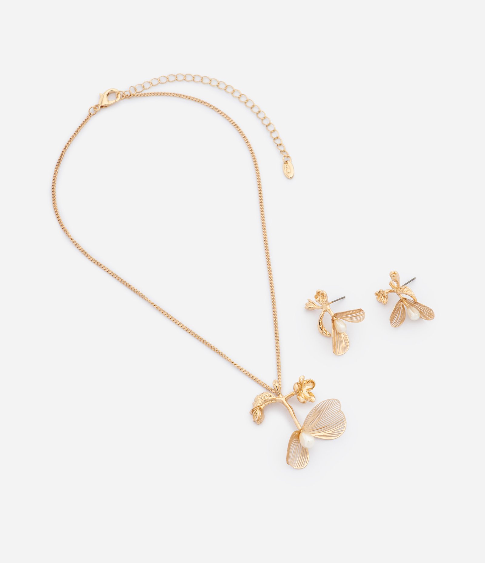 Conjunto de Colar e Brincos com Pingente de Flor e Pérola Dourado 2