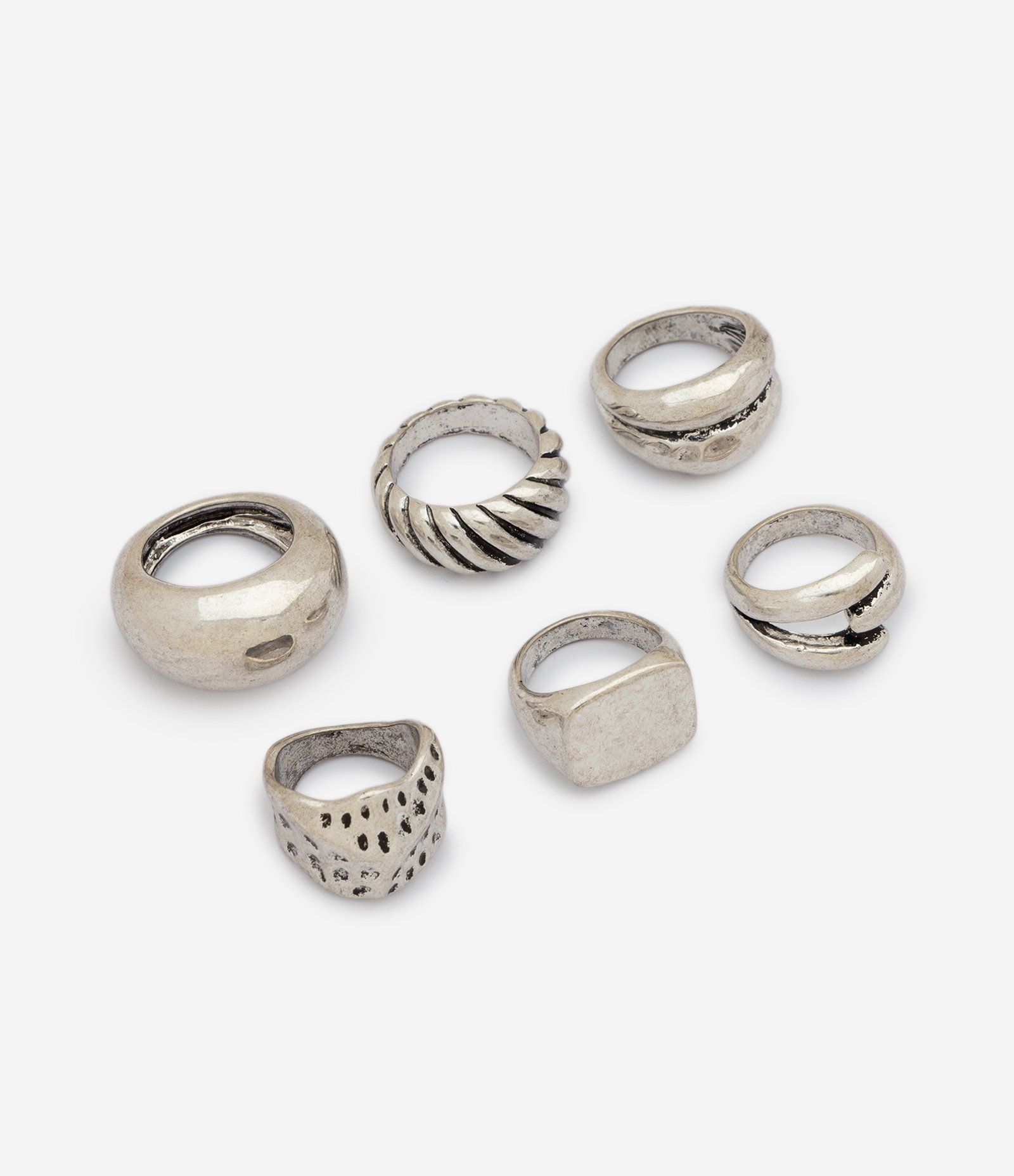 Kit 06 Anéis em Metal com Designs Robustos Prata 2