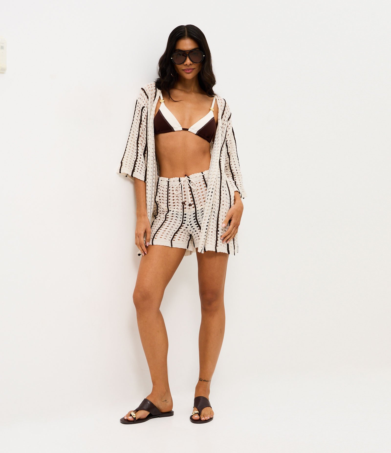 Saída de Praia Short em Tricô com Listras Contrastantes Branco 1