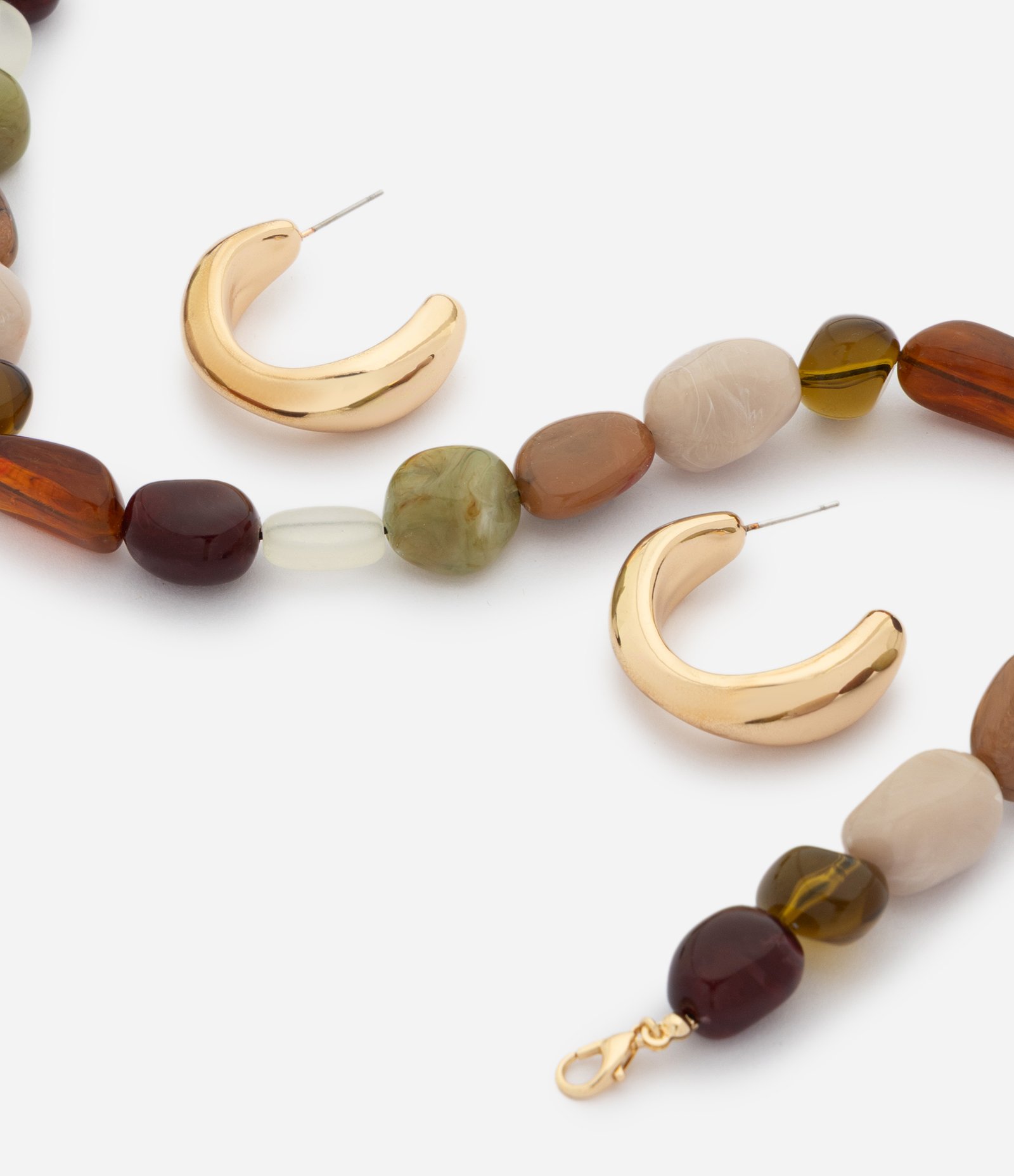 Conjunto Colar Curto em Resina e Brincos Argola Multicores 1