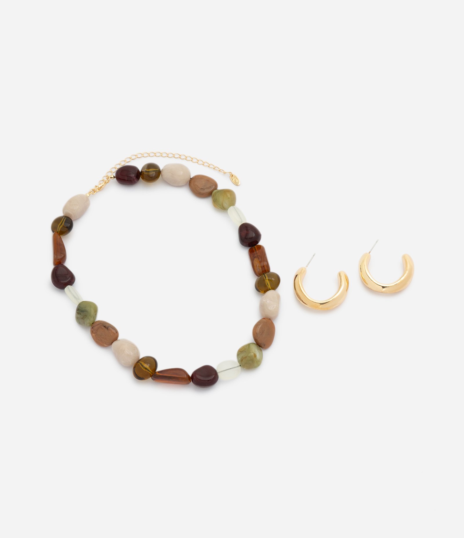 Conjunto Colar Curto em Resina e Brincos Argola Multicores 2