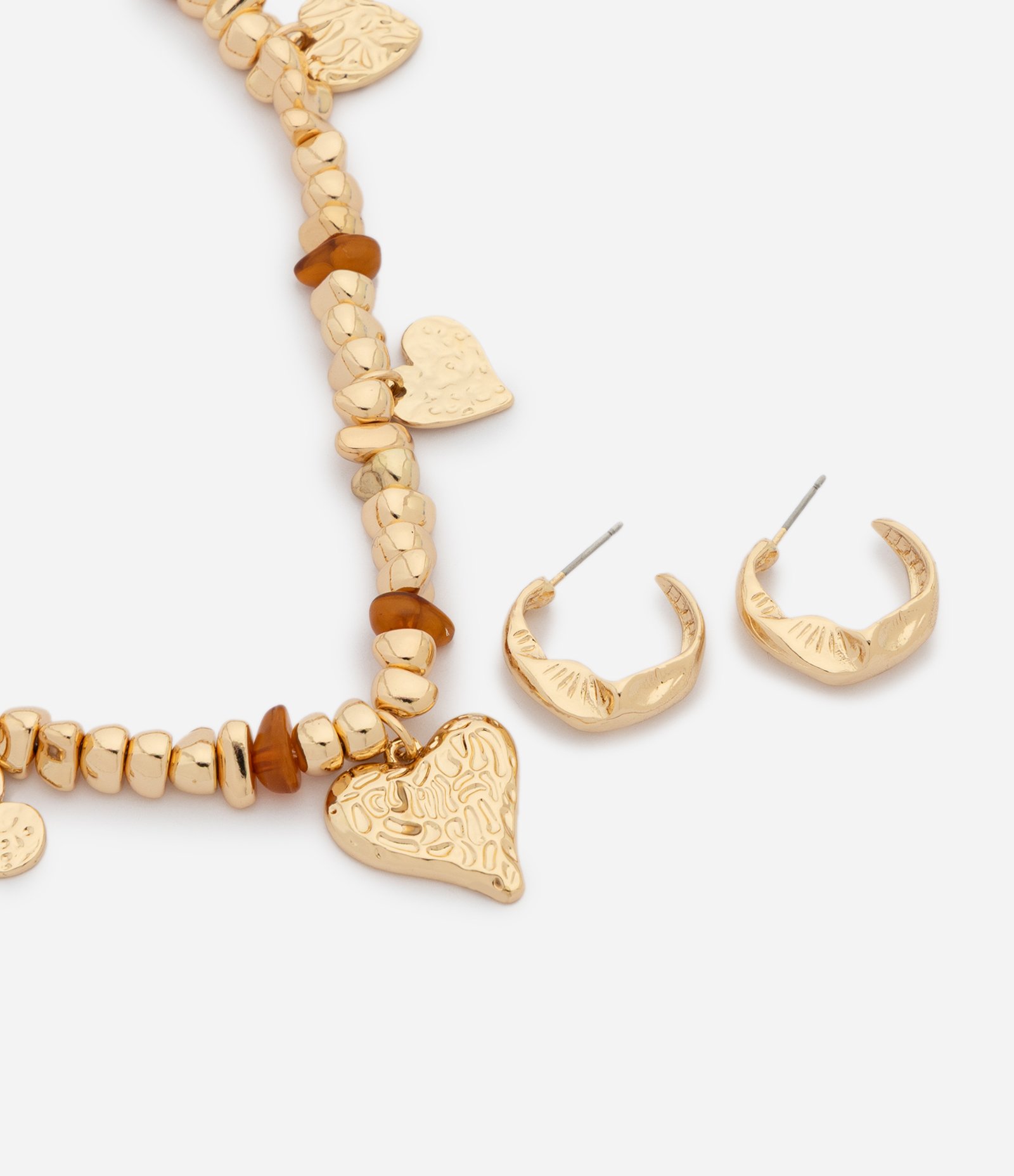 Conjunto de Colar com Pingentes de Coração e Brincos Argola Dourado 1