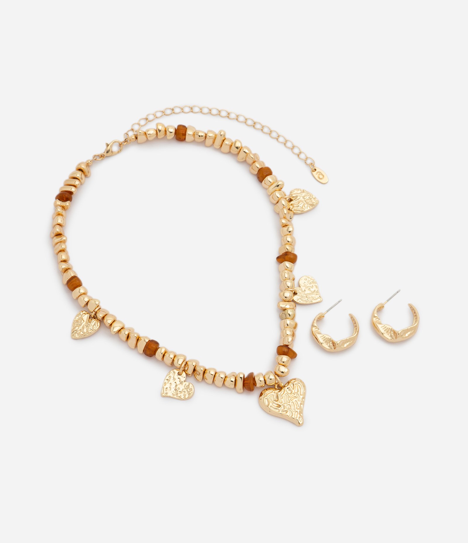 Conjunto de Colar com Pingentes de Coração e Brincos Argola Dourado 2