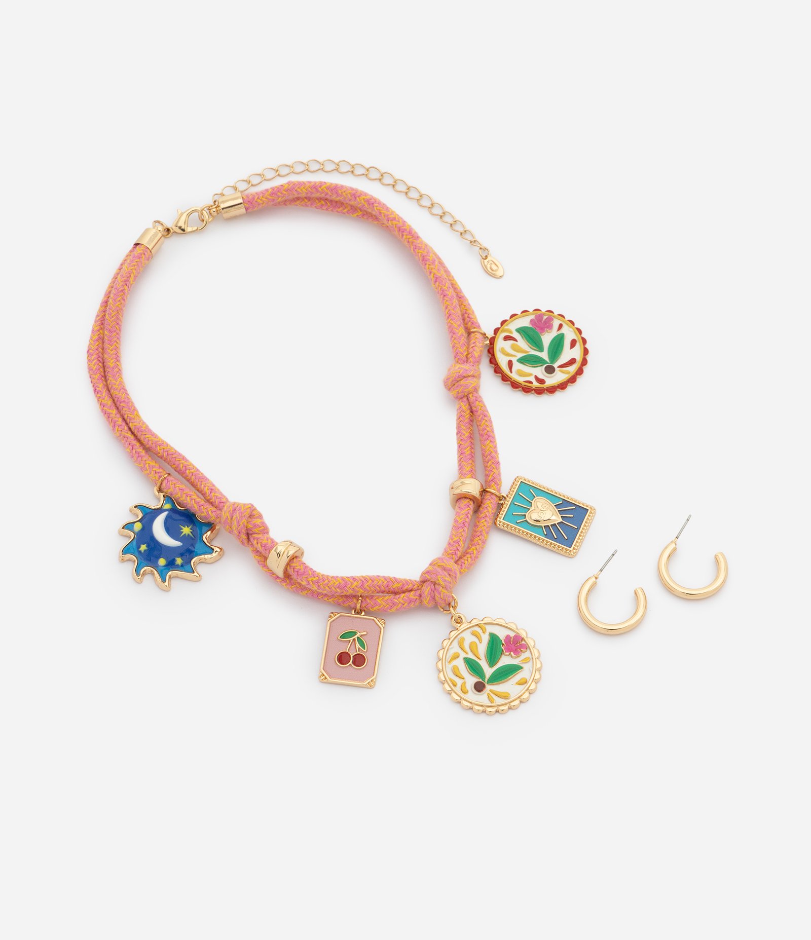 Conjunto de Colar em Fio Encerado com Pingentes e Argolas Rosa 2