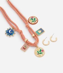 Conjunto de Colar em Fio Encerado com Pingentes e Argolas