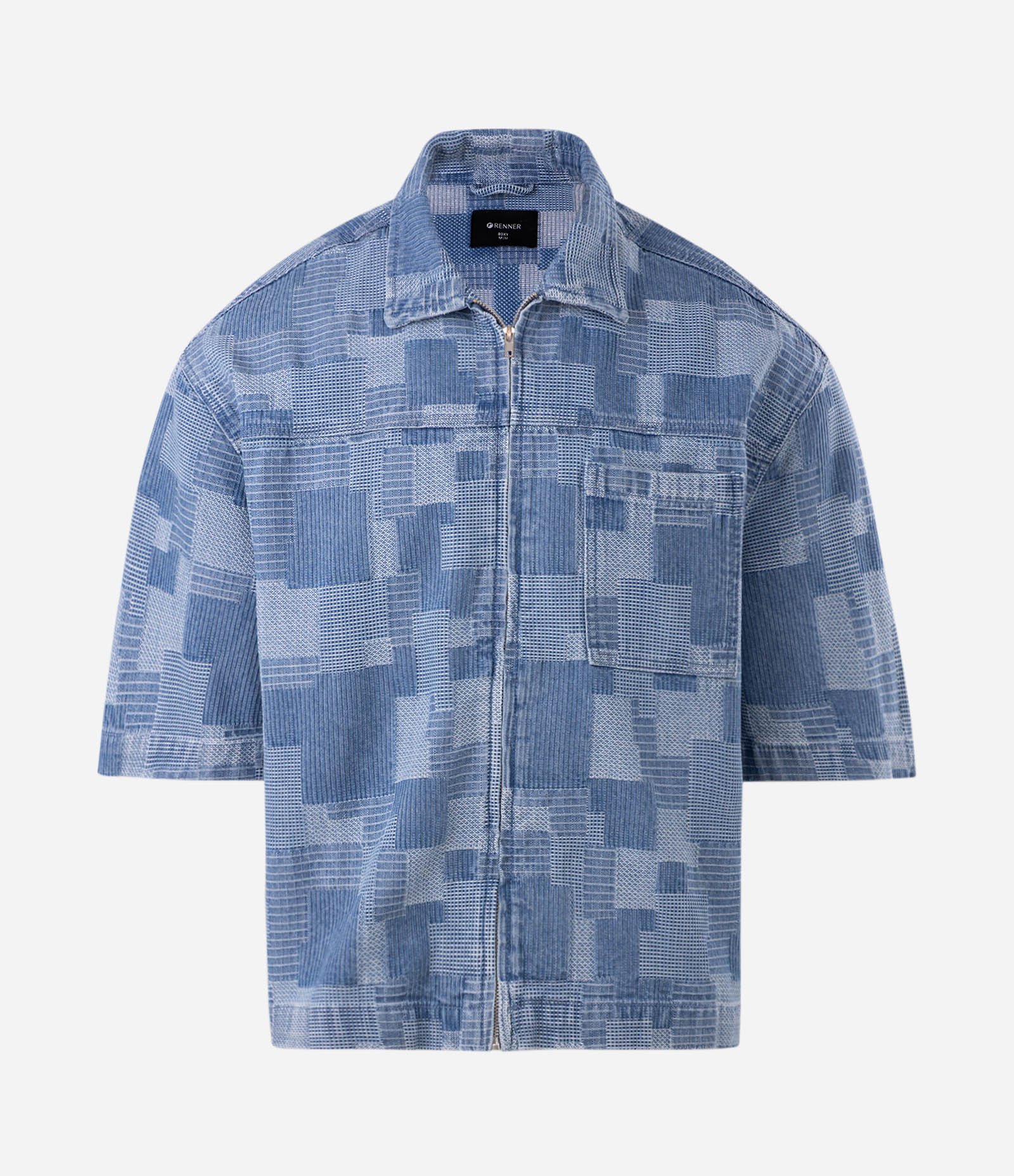 Camisa Boxy em Jeans Jacquard com Zíper Azul 5