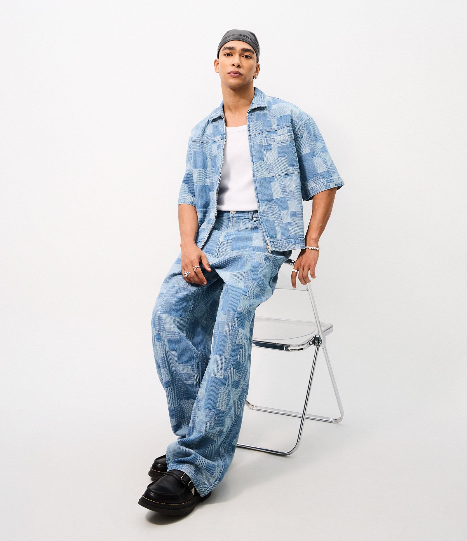 Camisa Boxy em Jeans Jacquard com Zíper Azul 1