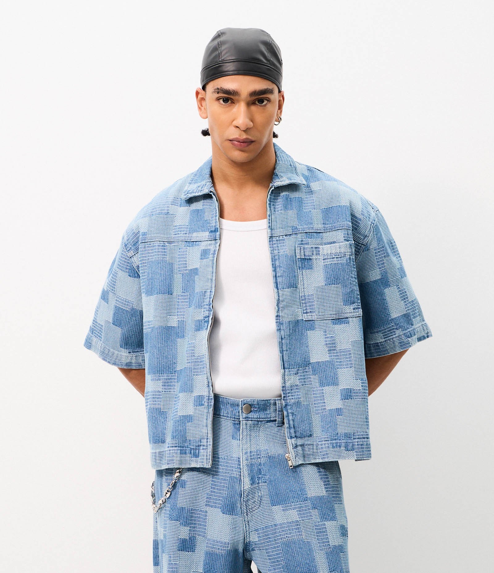 Camisa Boxy em Jeans Jacquard com Zíper Azul 2