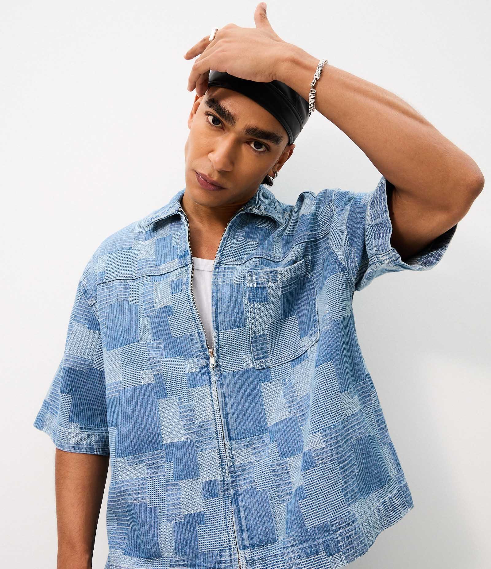 Camisa Boxy em Jeans Jacquard com Zíper Azul 3