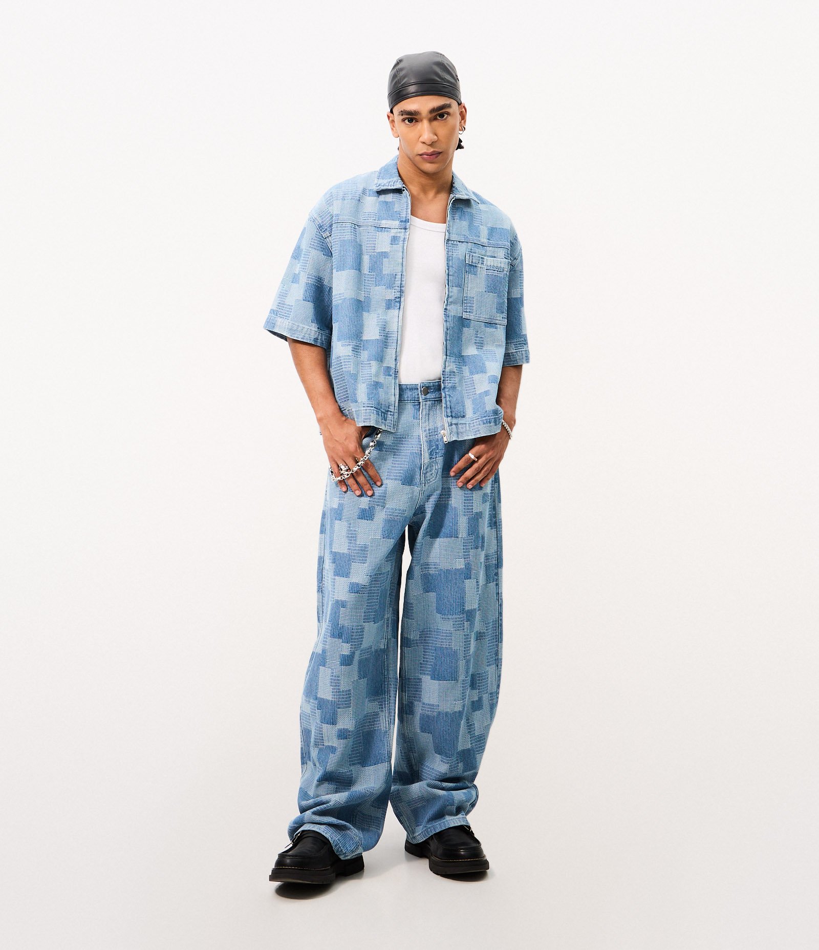 Camisa Boxy em Jeans Jacquard com Zíper Azul 4