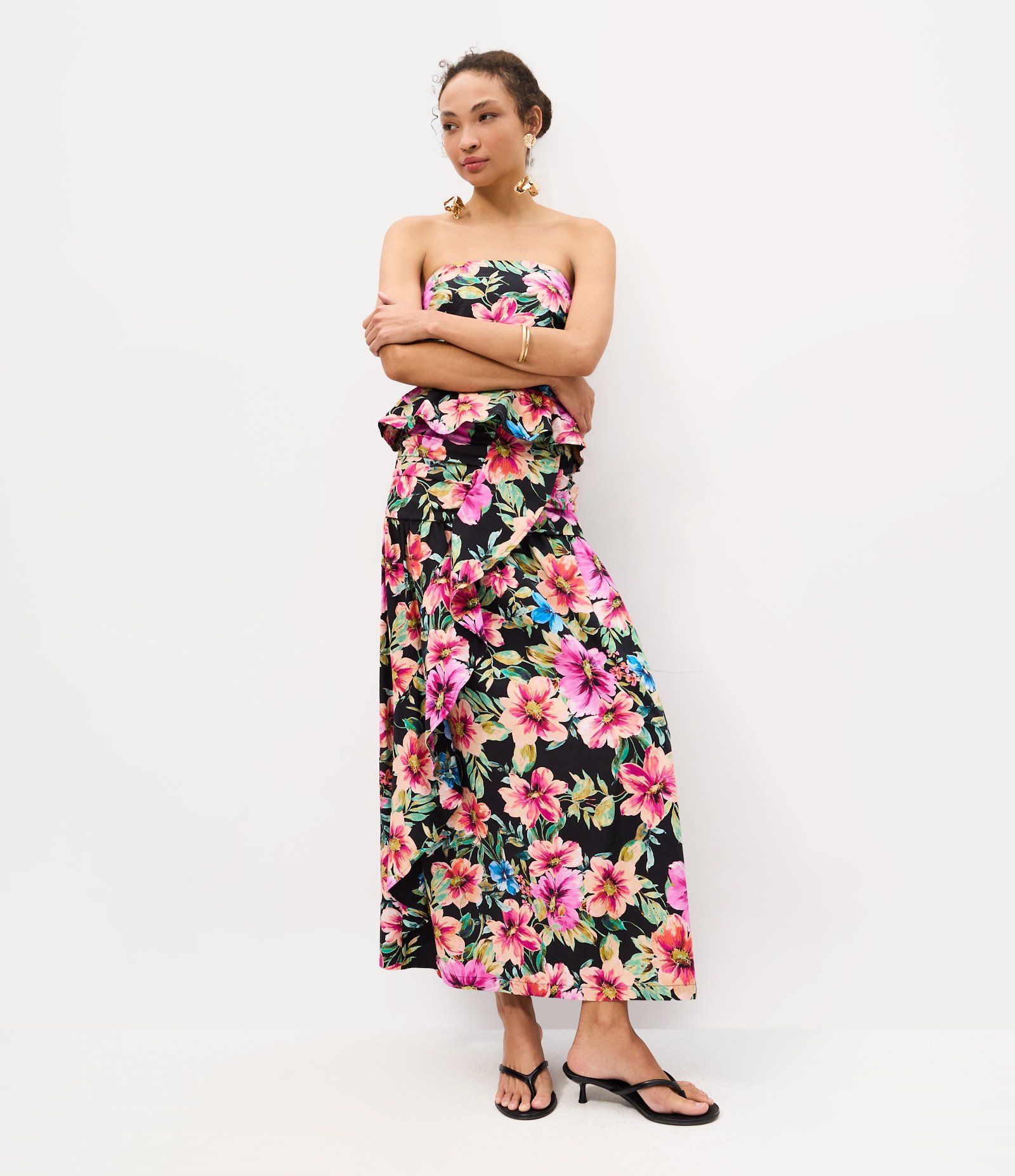 Saia Midi em Tricoline com Estampa Floral e Drapeado na Cintura Rosa 1