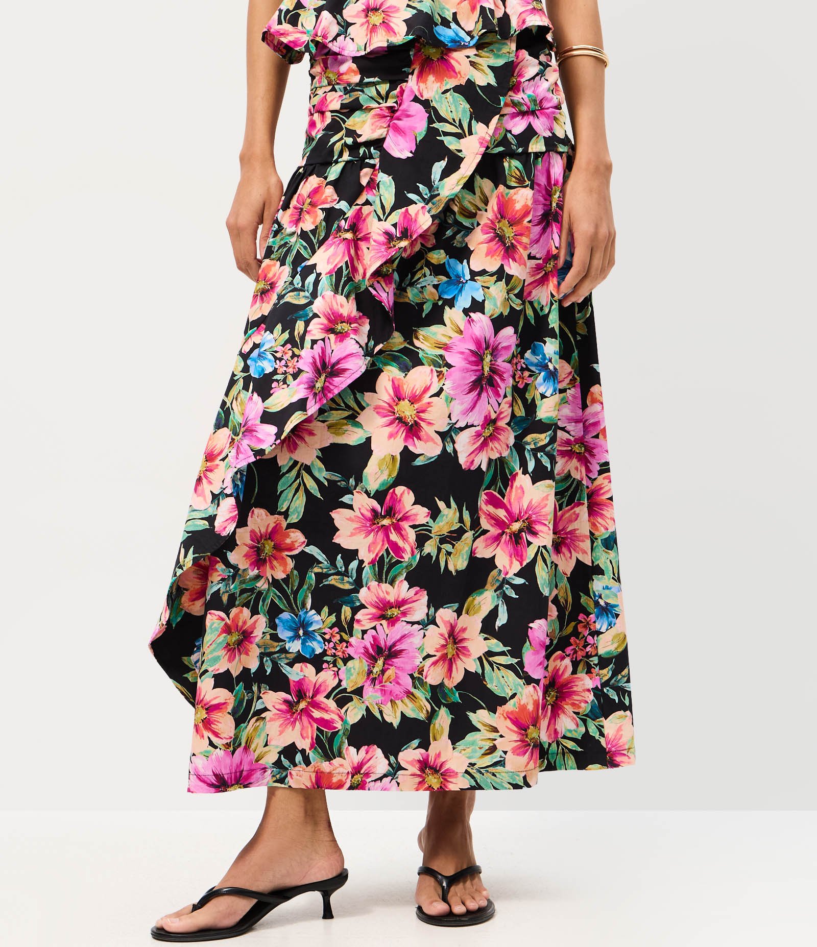 Saia Midi em Tricoline com Estampa Floral e Drapeado na Cintura Rosa 2