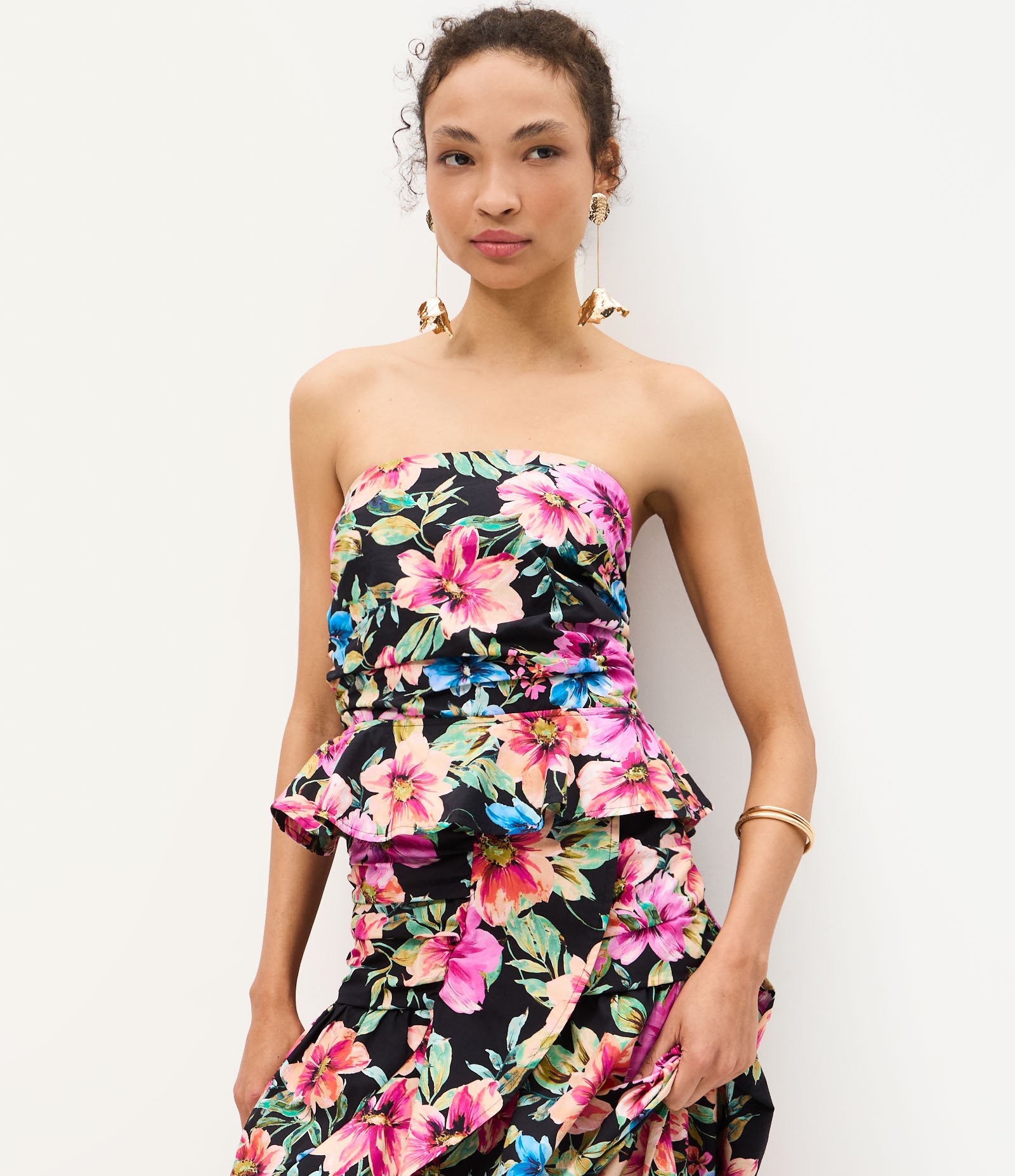 Blusa Tomara que Caia em Tricoline com Estampa Floral e Drapeado Rosa 3