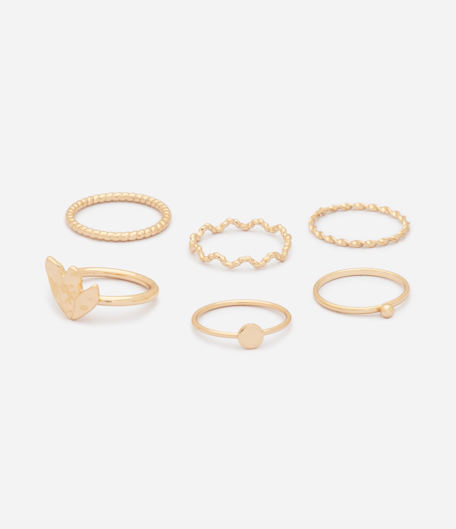 Kit 06 Anéis Finos em Metal com Formatos Variados Dourado 2