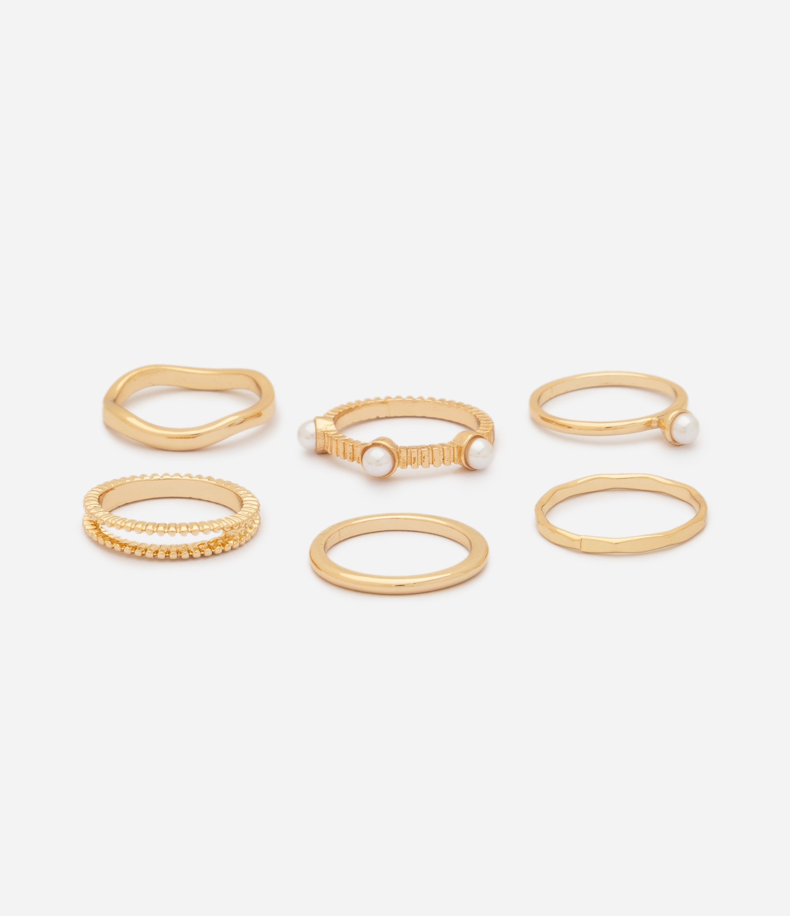 Kit 06 Anéis Metalizados com Design Fino Dourado 2