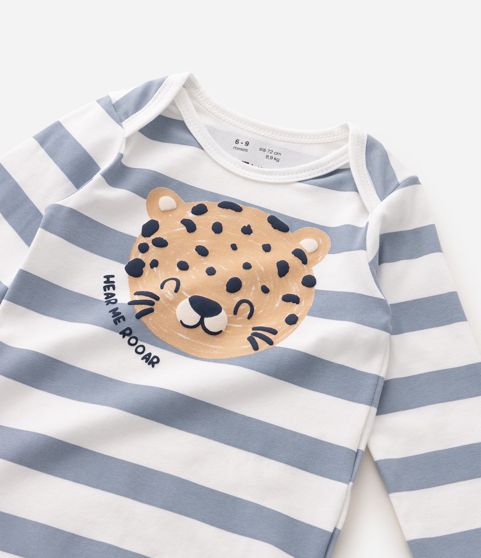 Body Infantil em Algodão com Estampa Listrada - Tam 3 a 18 Meses Branco/Azul 5