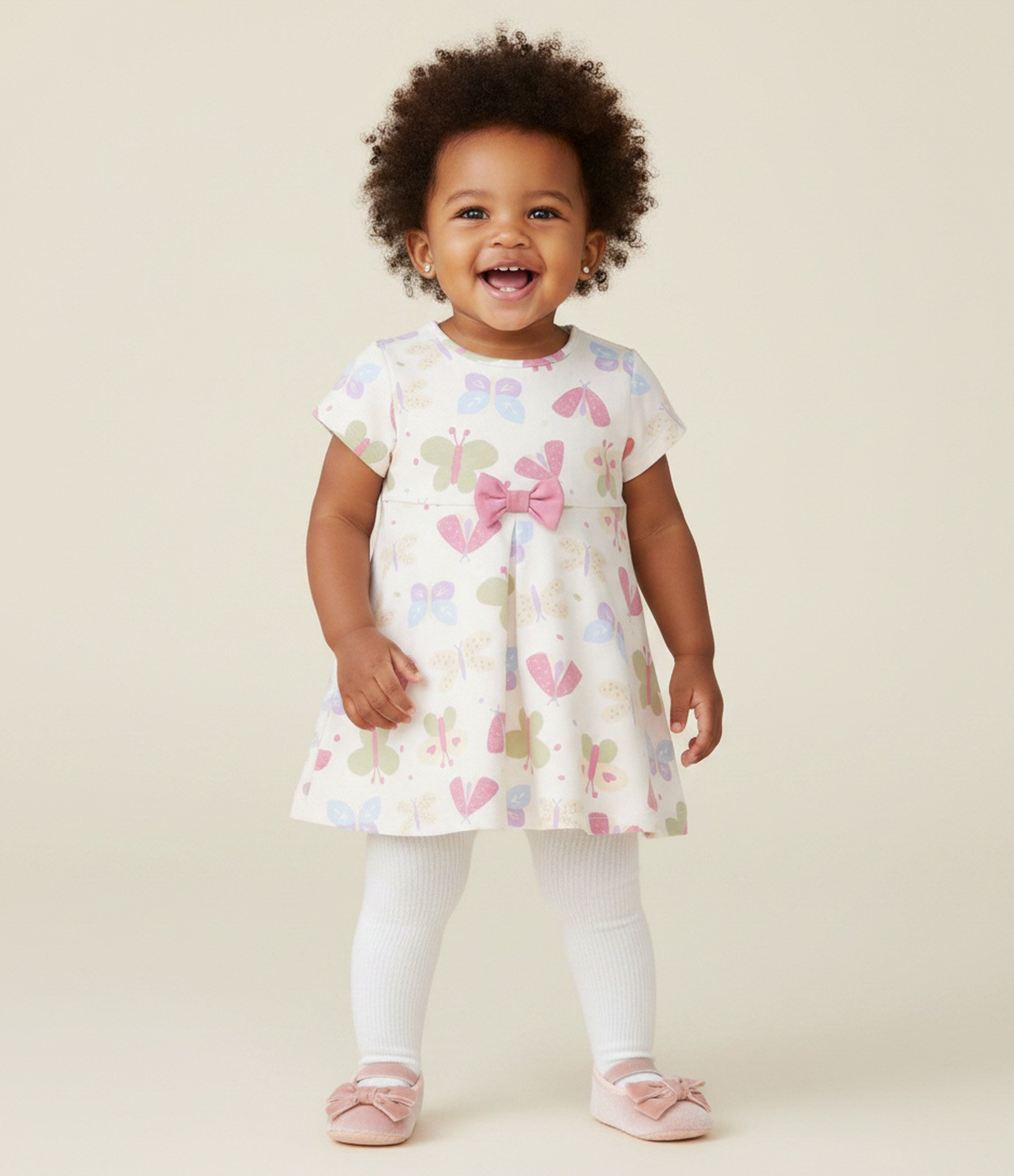 Vestido Infantil Borboletas Coloridas Cotton - Tam 0 a 18 Meses Bege 1