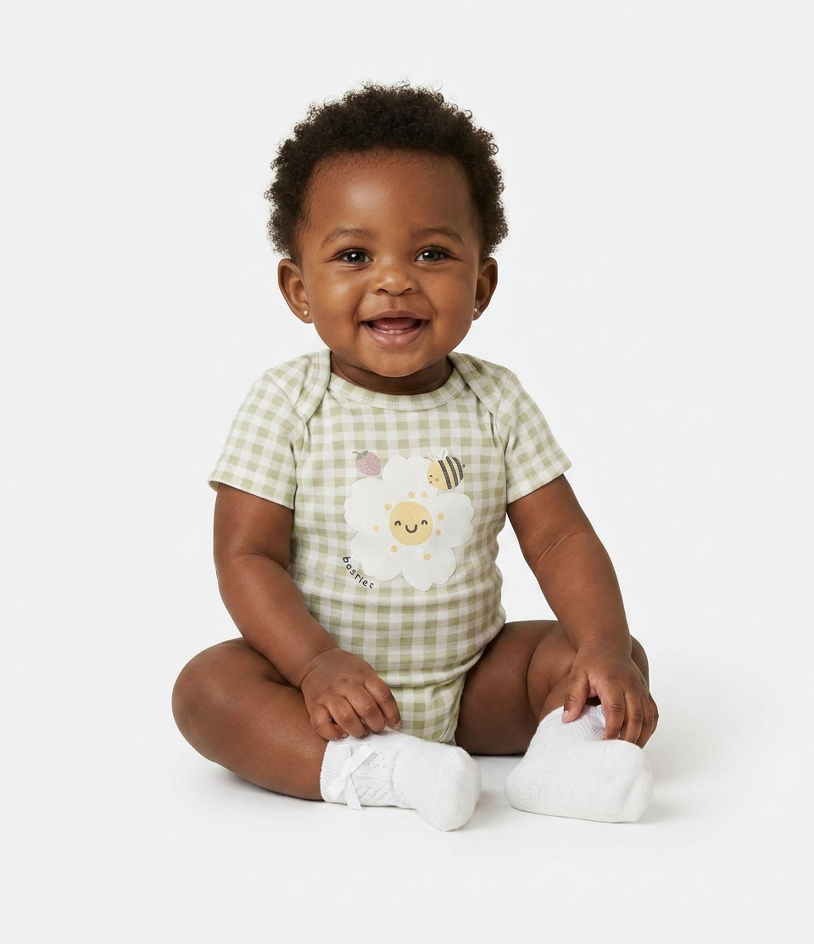 Body Bebê em Algodão com Xadrez Vichy e Estampa Floral com Abelha- Tam RN a 18 meses Verde 1
