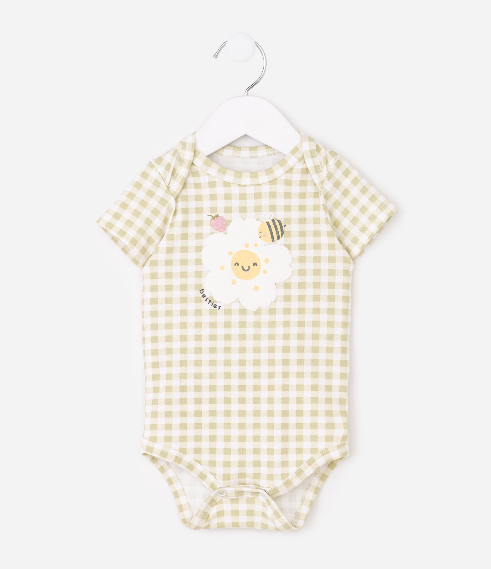 Body Bebê em Algodão com Xadrez Vichy e Estampa Floral com Abelha- Tam RN a 18 meses Verde 2