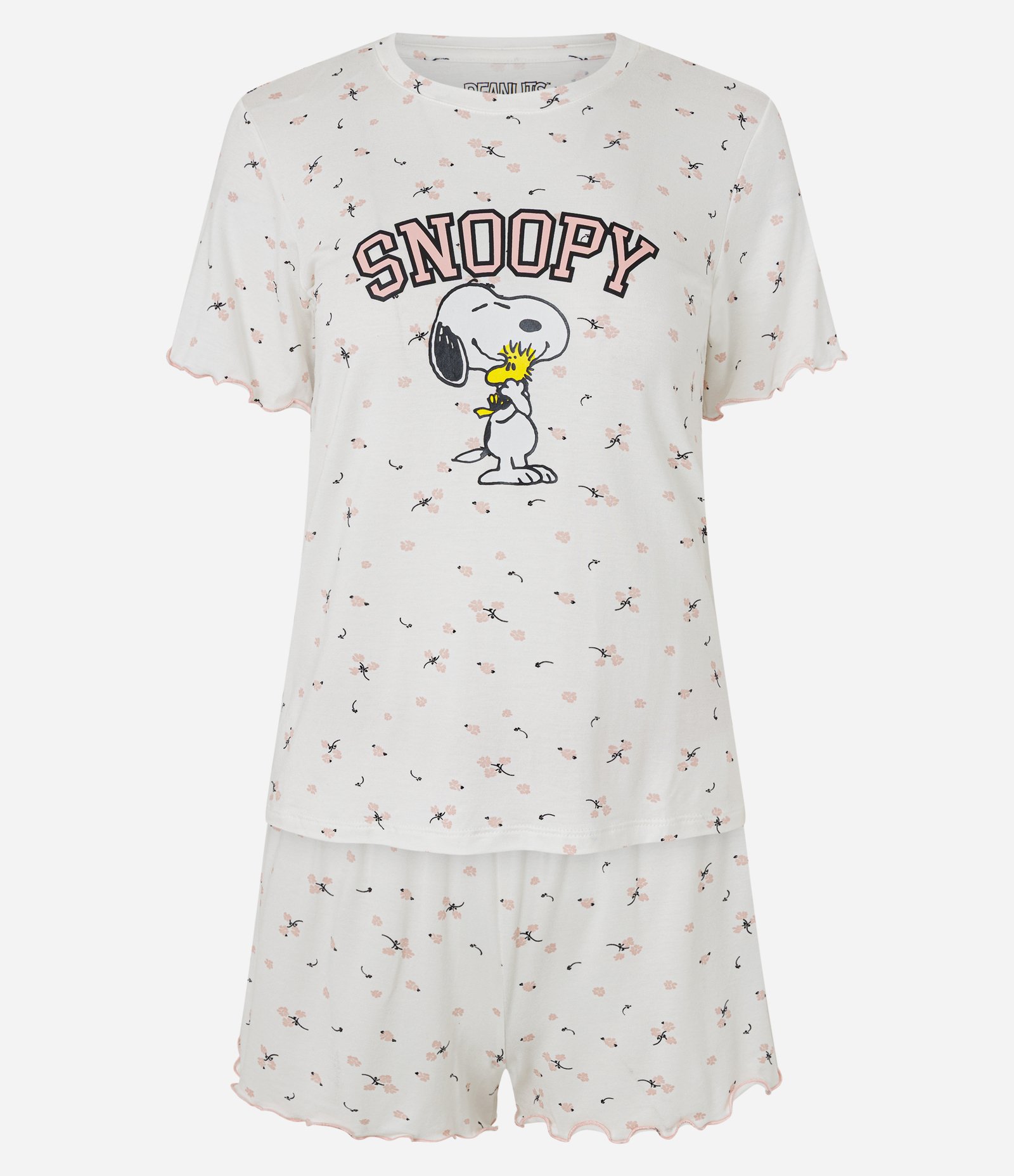 Pijama Curto em Viscolycra com Estampa Floral Snoopy Branco 1