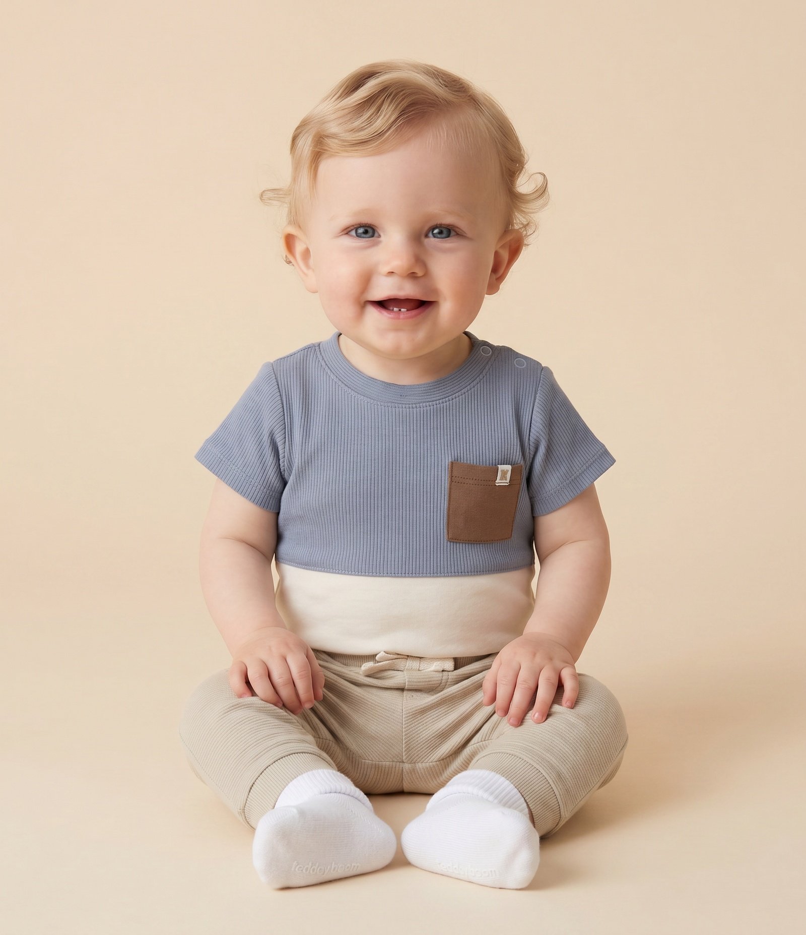 Body Bebê em Algodão Texturizado com Bolso – Tam 0 a 18 Meses Azul/Bege 1