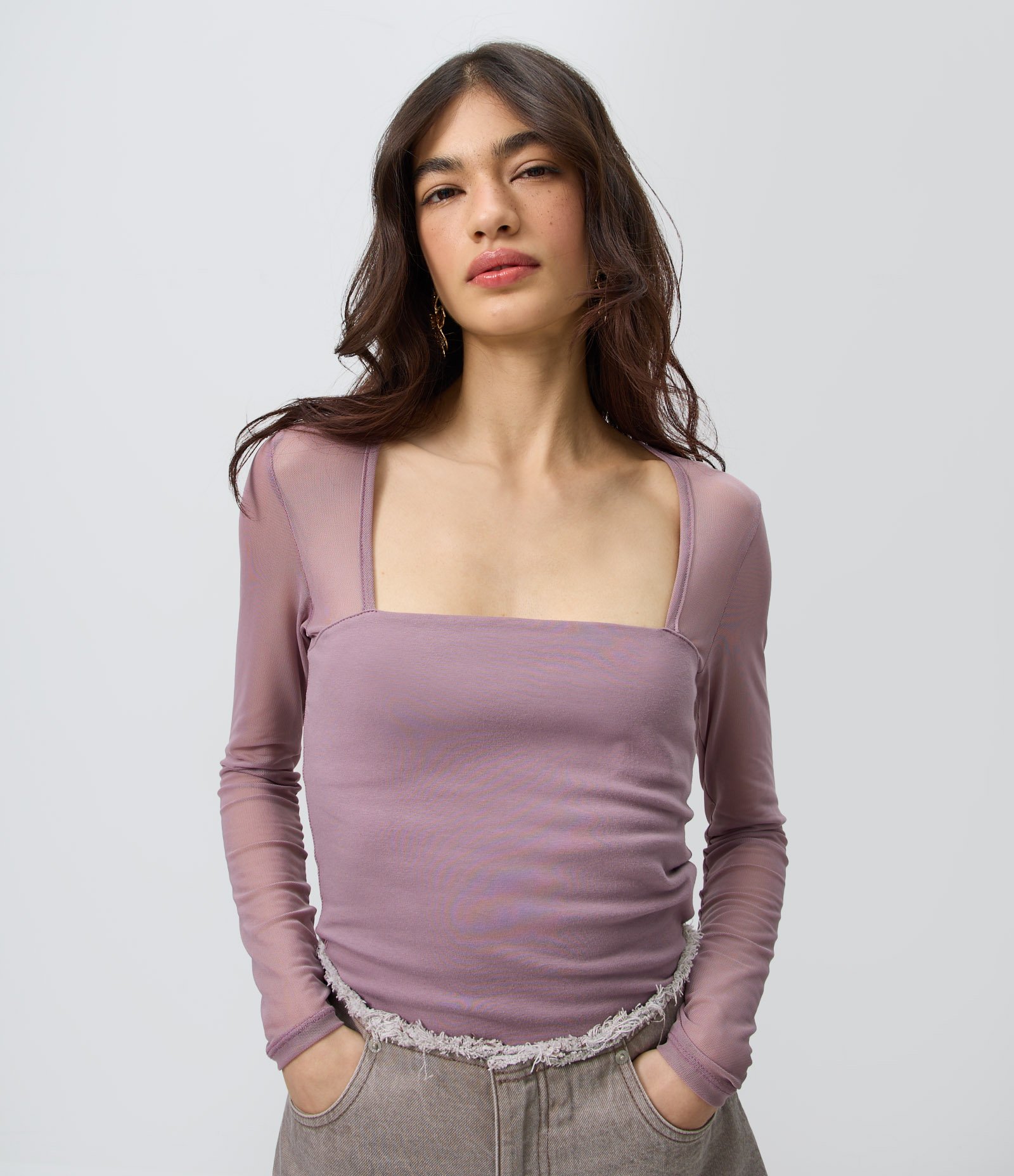 Blusa Manga Longa em Tule com Decote Quadrado Roxo 1