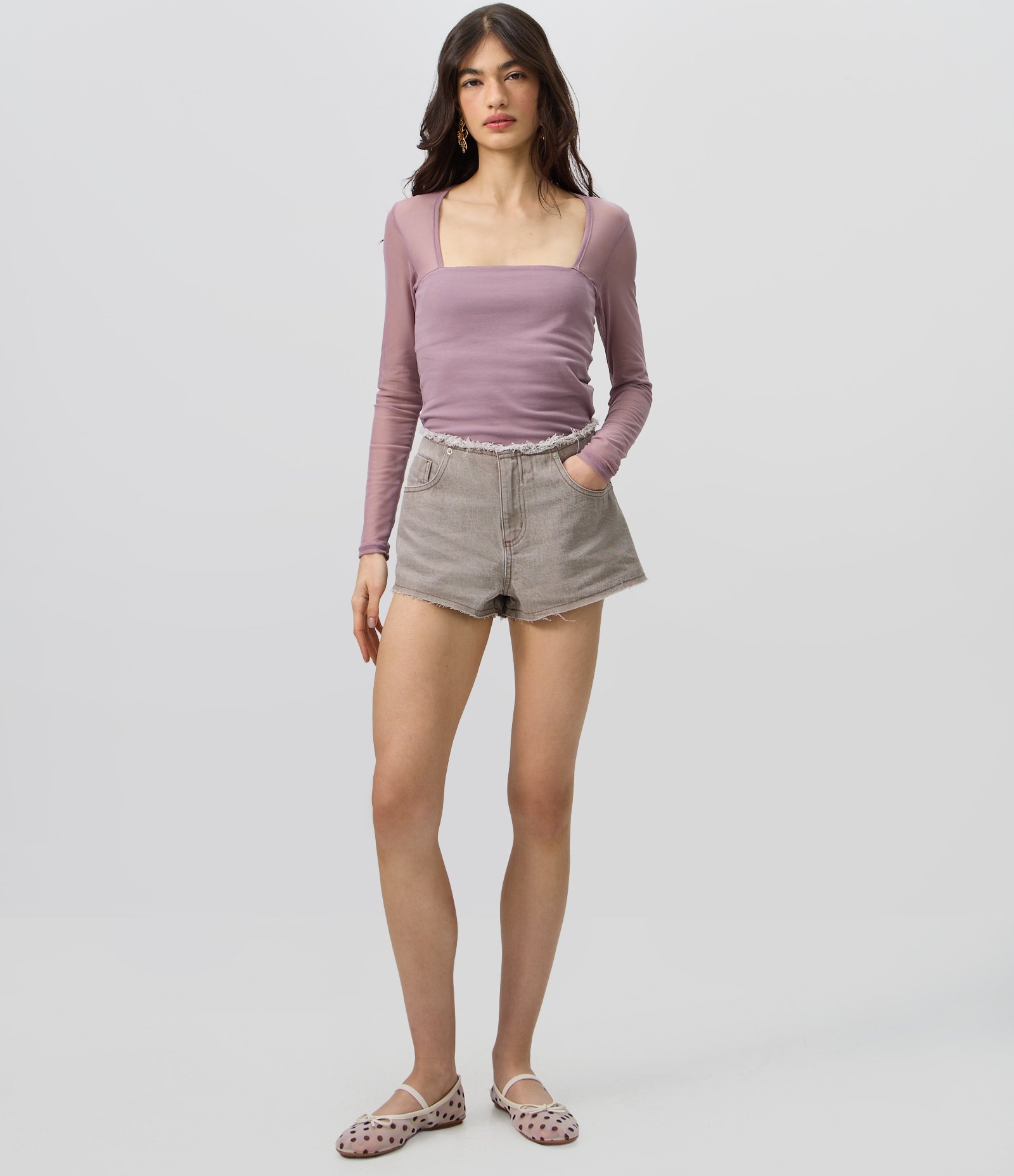 Blusa Manga Longa em Tule com Decote Quadrado Roxo 2