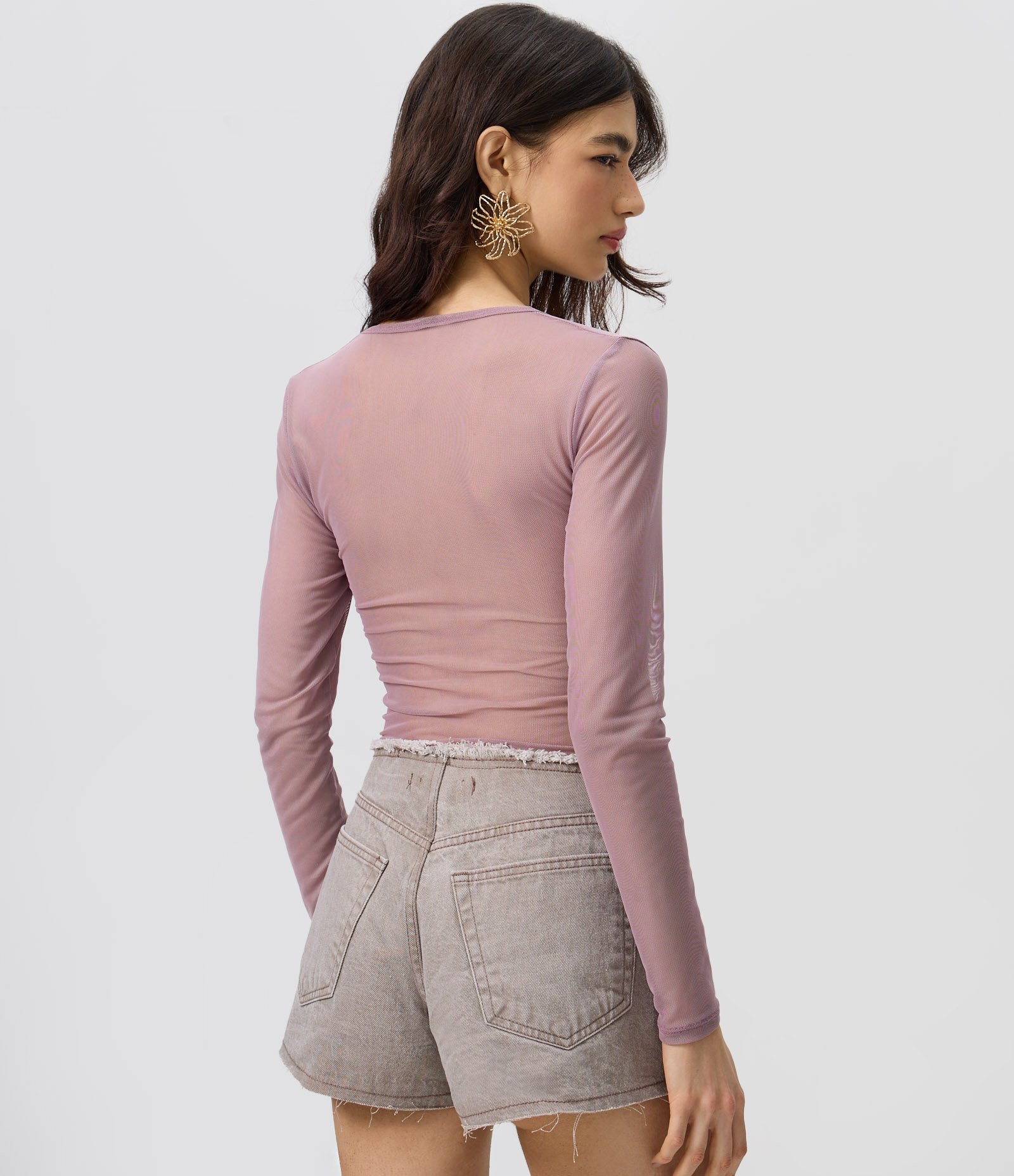 Blusa Manga Longa em Tule com Decote Quadrado Roxo 4