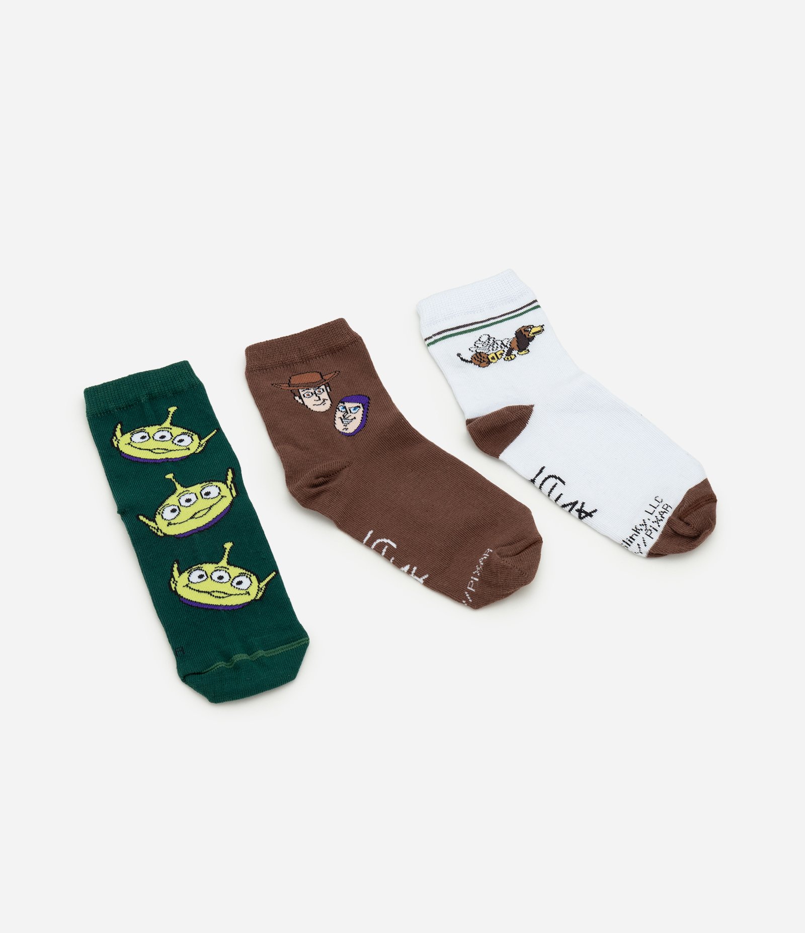 Kit 03 Meias Infantil Cano Médio com Estampa Toy Story – Tam 19 a 34 Verde/Marrom/Branco 1