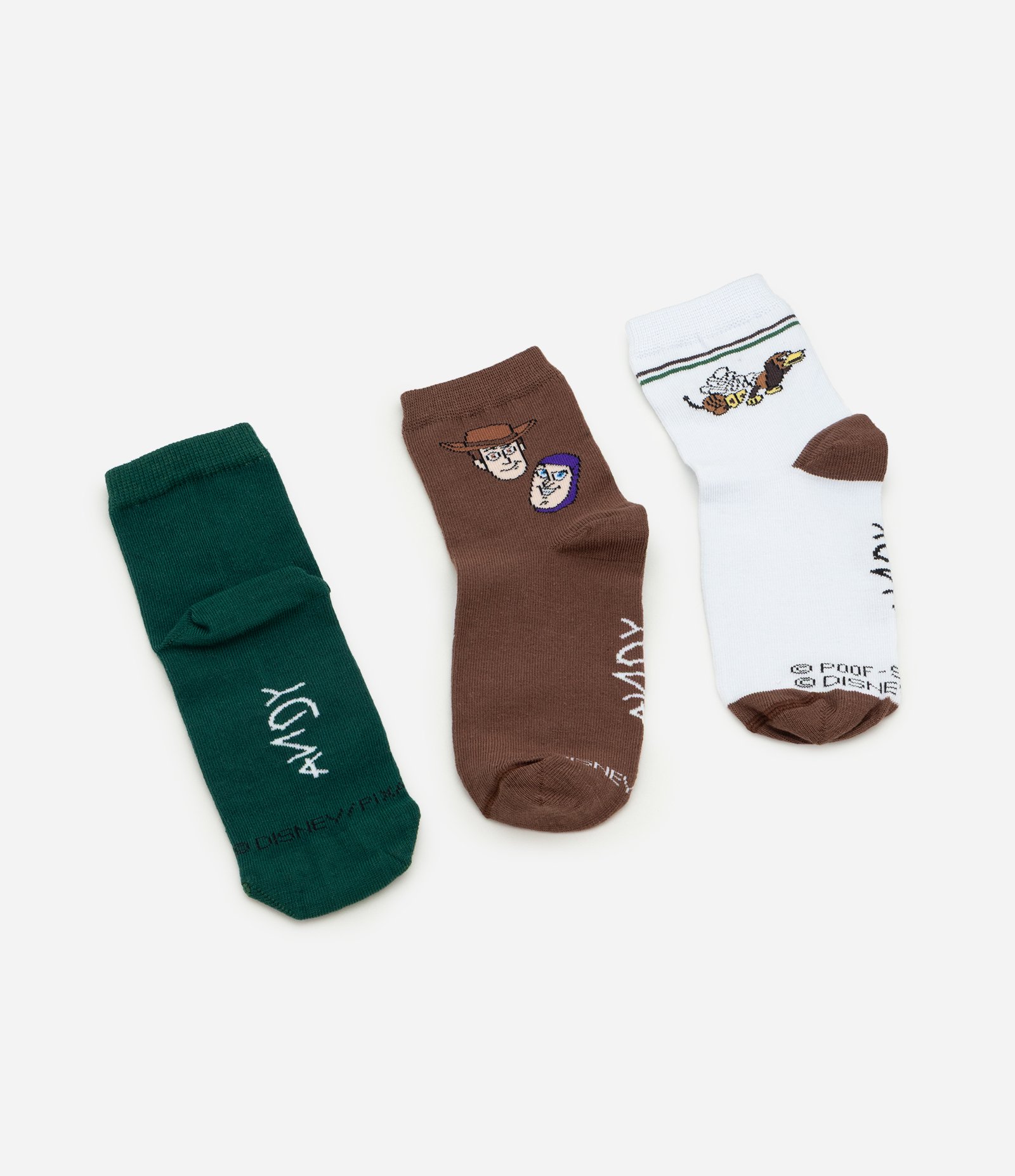 Kit 03 Meias Infantil Cano Médio com Estampa Toy Story – Tam 19 a 34 Verde/Marrom/Branco 2