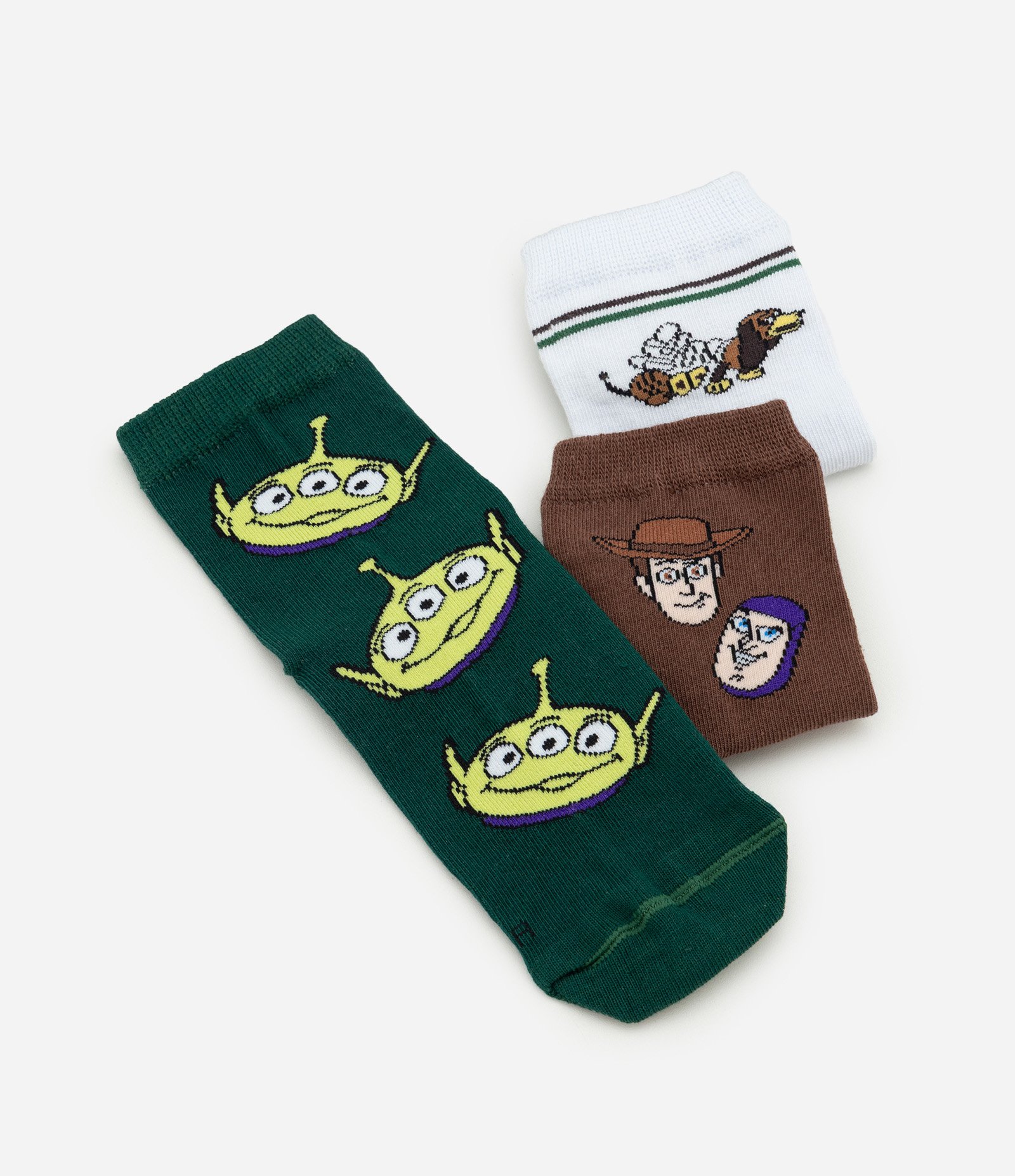 Kit 03 Meias Infantil Cano Médio com Estampa Toy Story – Tam 19 a 34 Verde/Marrom/Branco 3