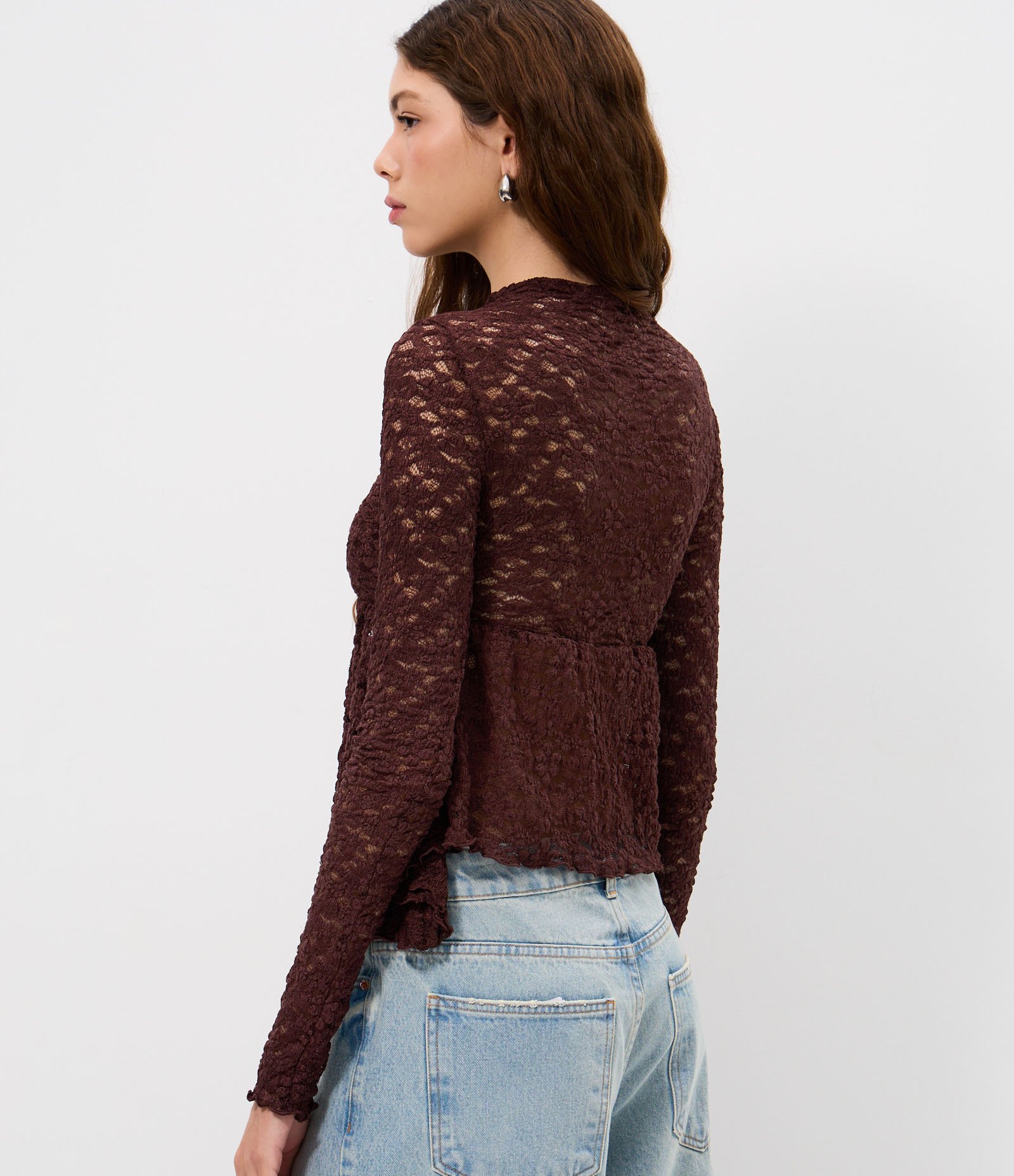 Blusa Peplum com Renda Aplicada Marrom 4