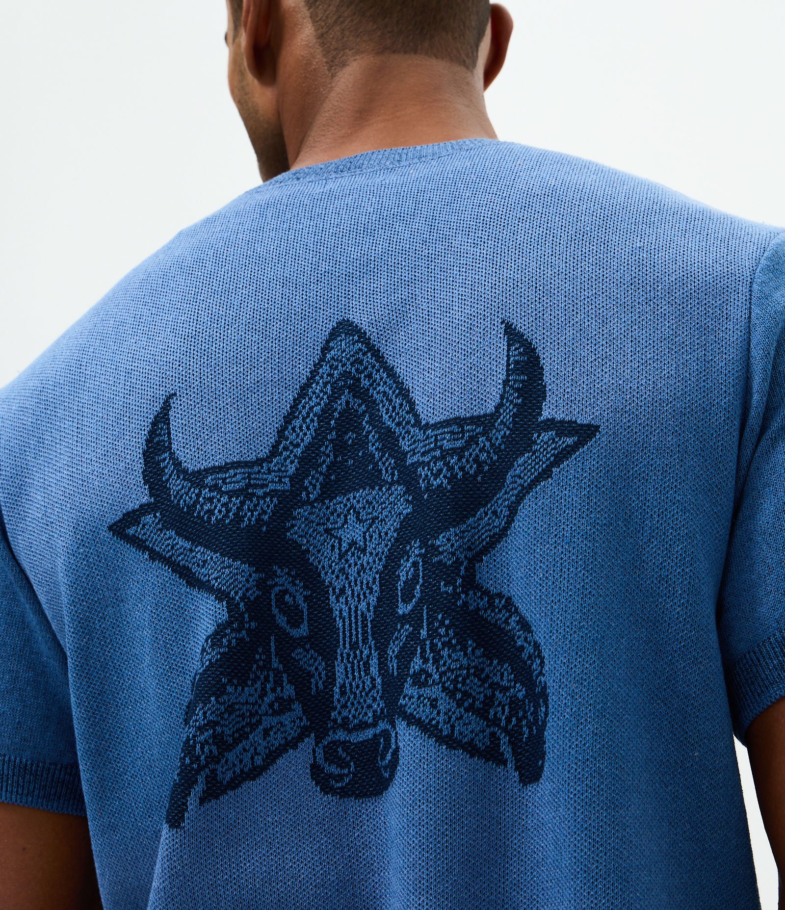 Camiseta Tricô Jacquard Boi Caprichoso Azul 1