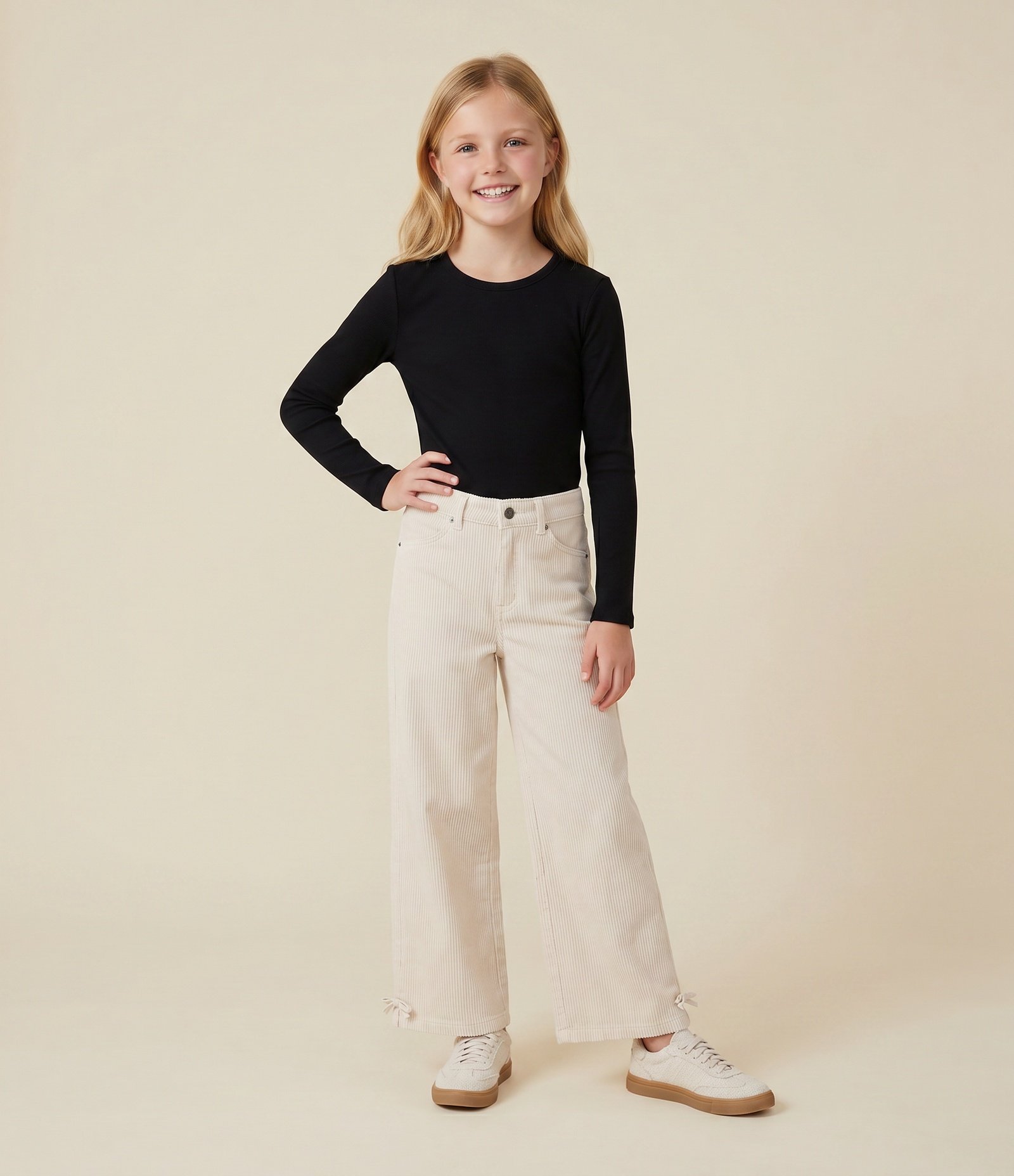 Calça Wide Infantil em Sarja Cotelê com Barra Ajustável – Tam 5 a 16 Anos Off White 1