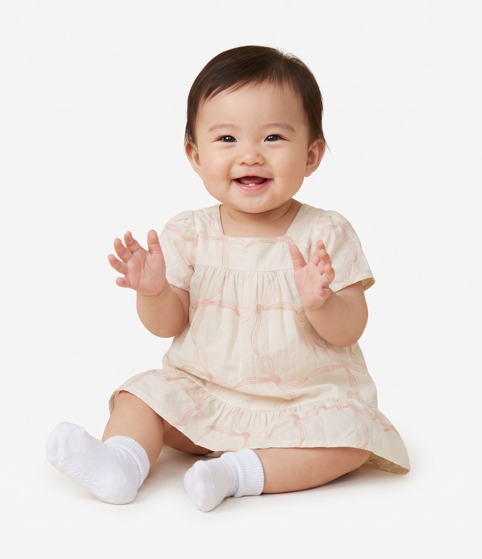 Vestido Bebê Em Tricoline - Tam 3 a 18 Meses Bege 1