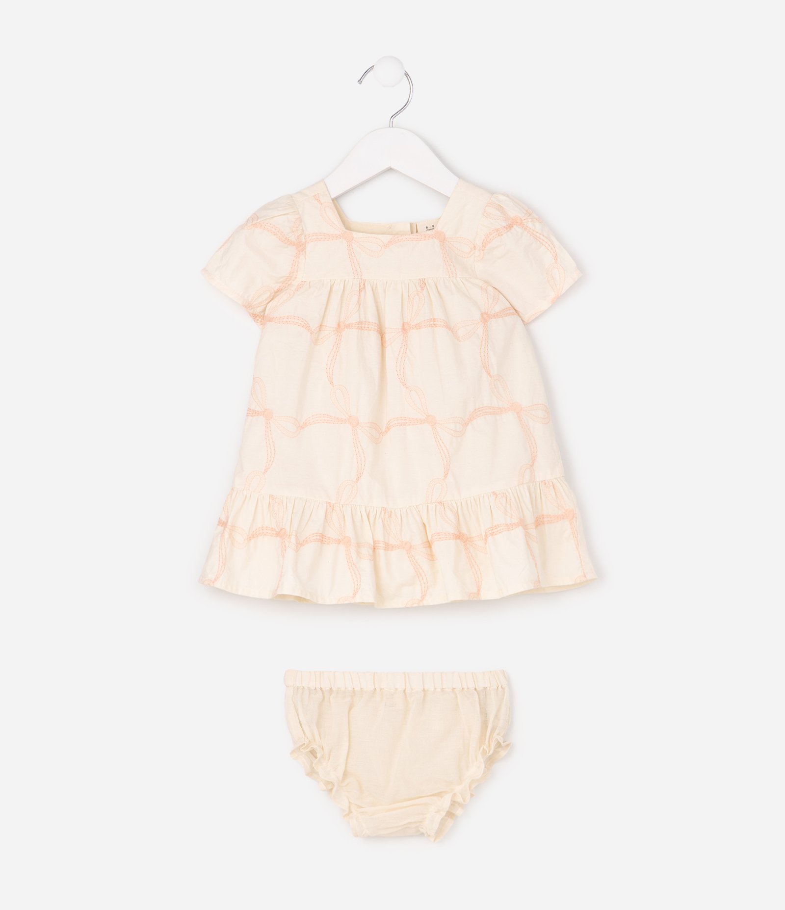 Vestido Bebê Em Tricoline - Tam 3 a 18 Meses Bege 2