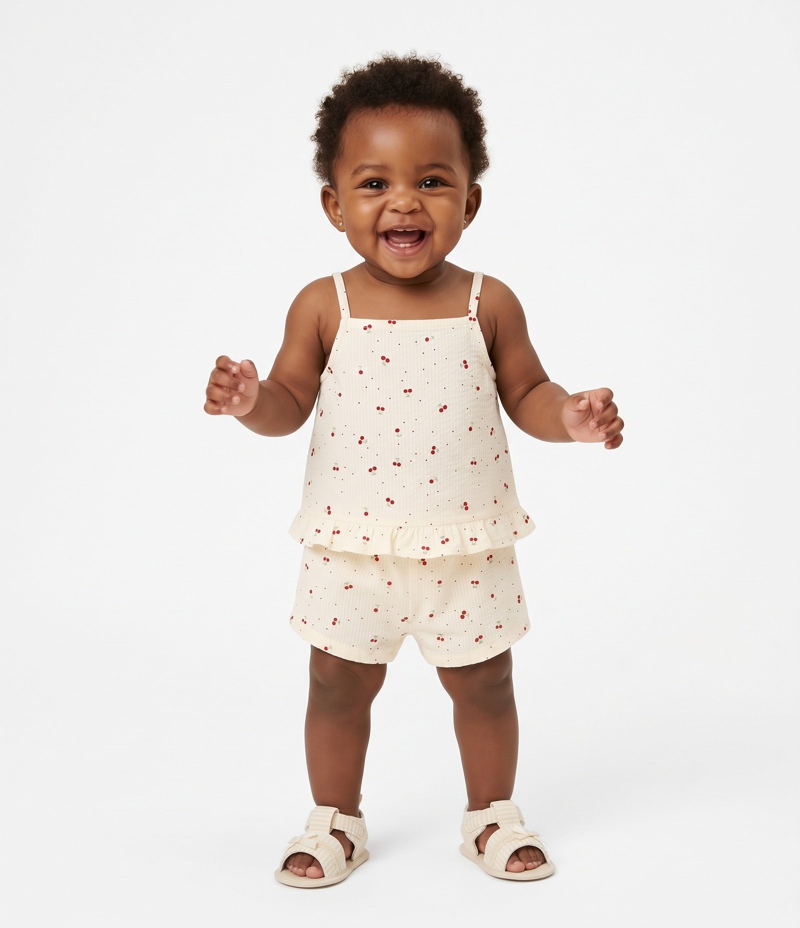 Conjunto Infantil Em Algodão Mini Cerejas com Bata de Babado - Tam 3 a 18 meses Bege 2