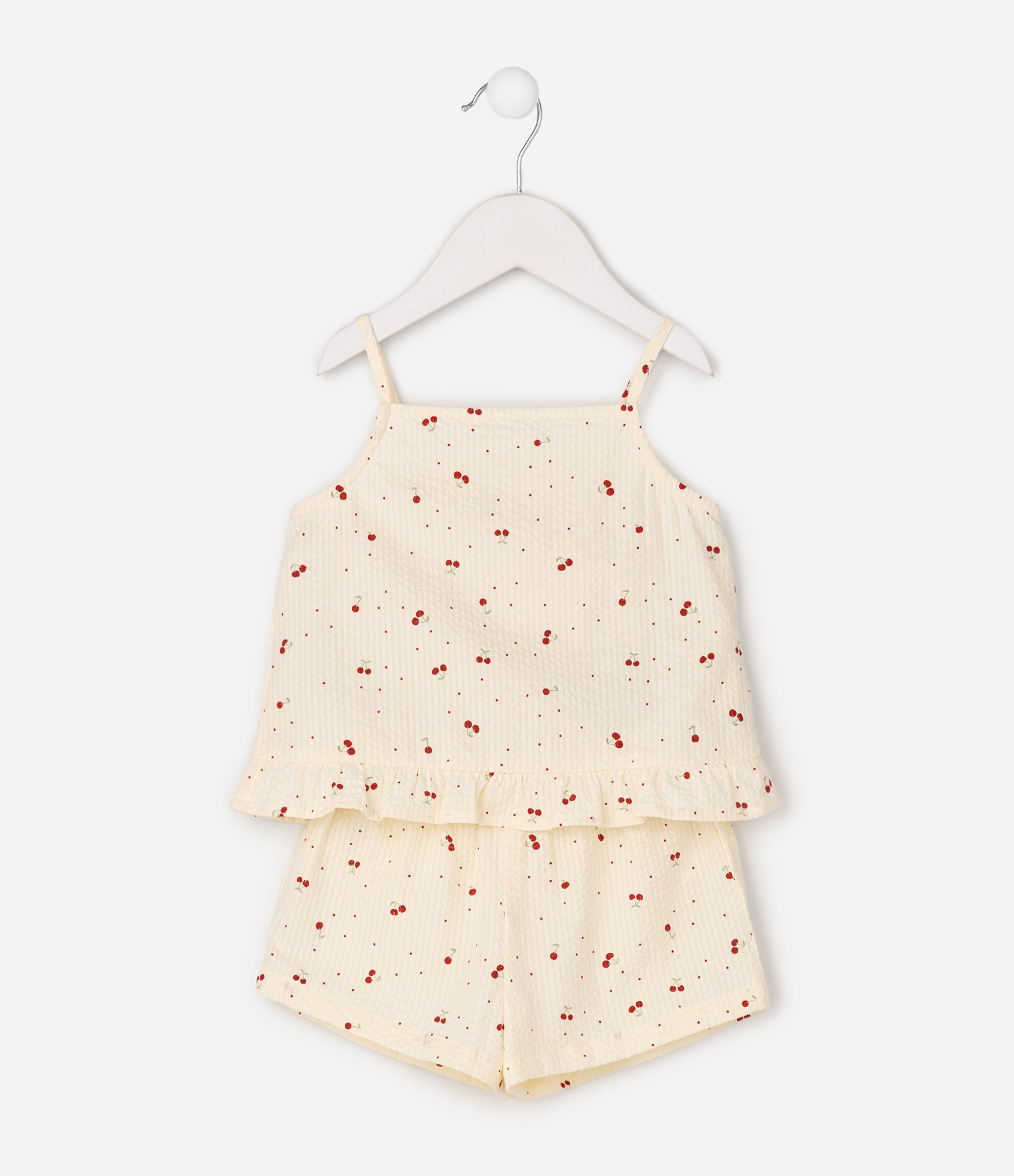 Conjunto Infantil Em Algodão Mini Cerejas com Bata de Babado - Tam 3 a 18 meses Bege 3
